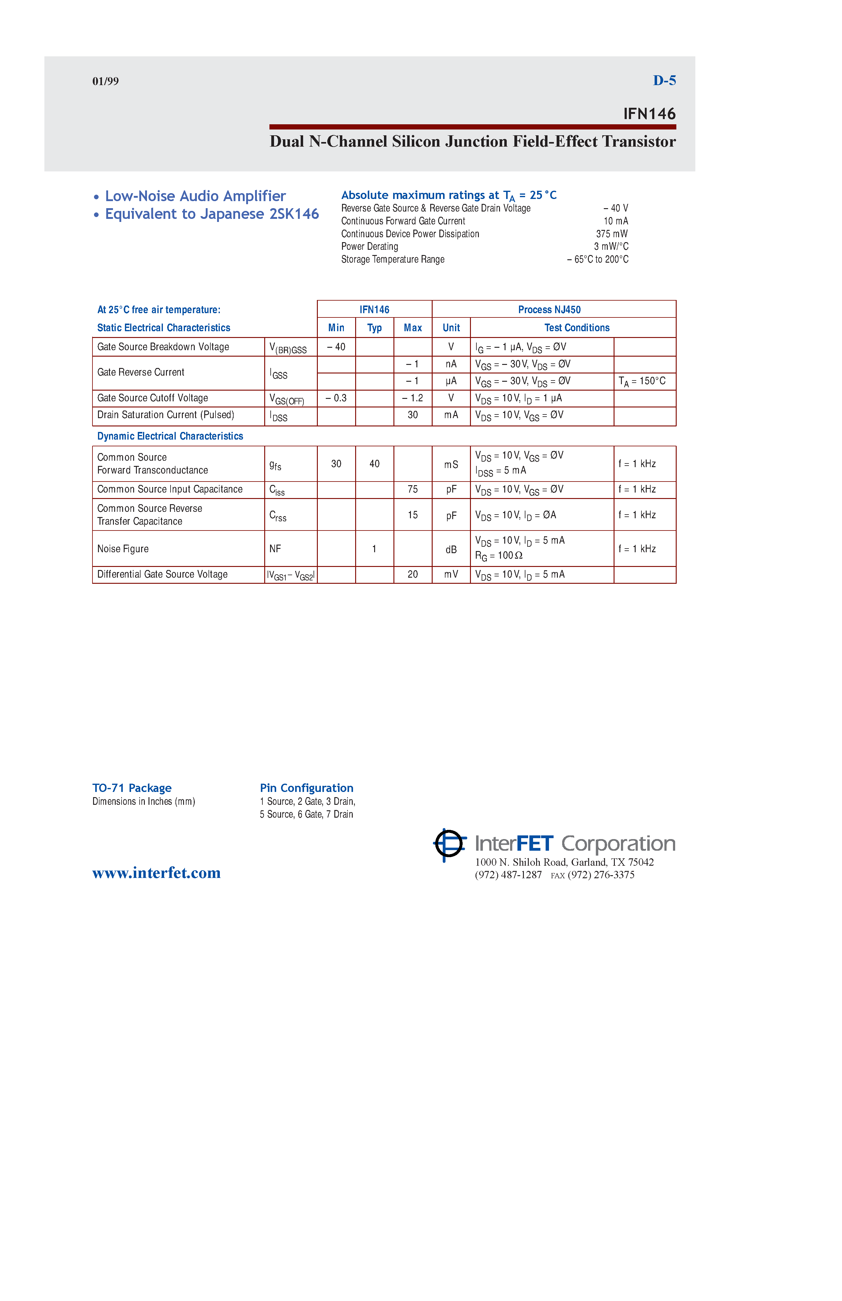 Datasheet IFN146 page 1 Datasheet IFN146 - Dual N-Channel Silicon Junction Field-Effect Transistor page 1
