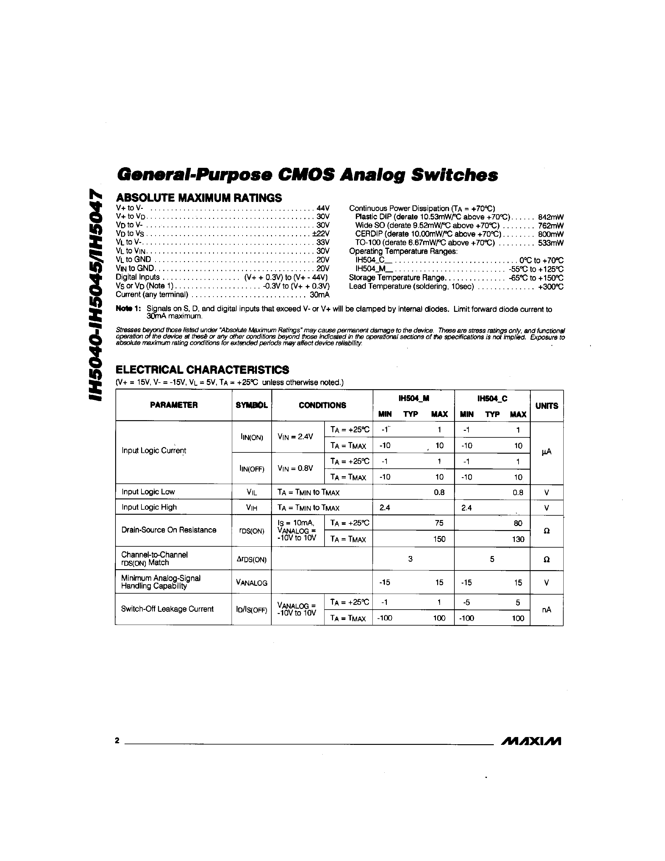 Даташит IH5040 - General-Purpose CMOS Analog Switches страница 2