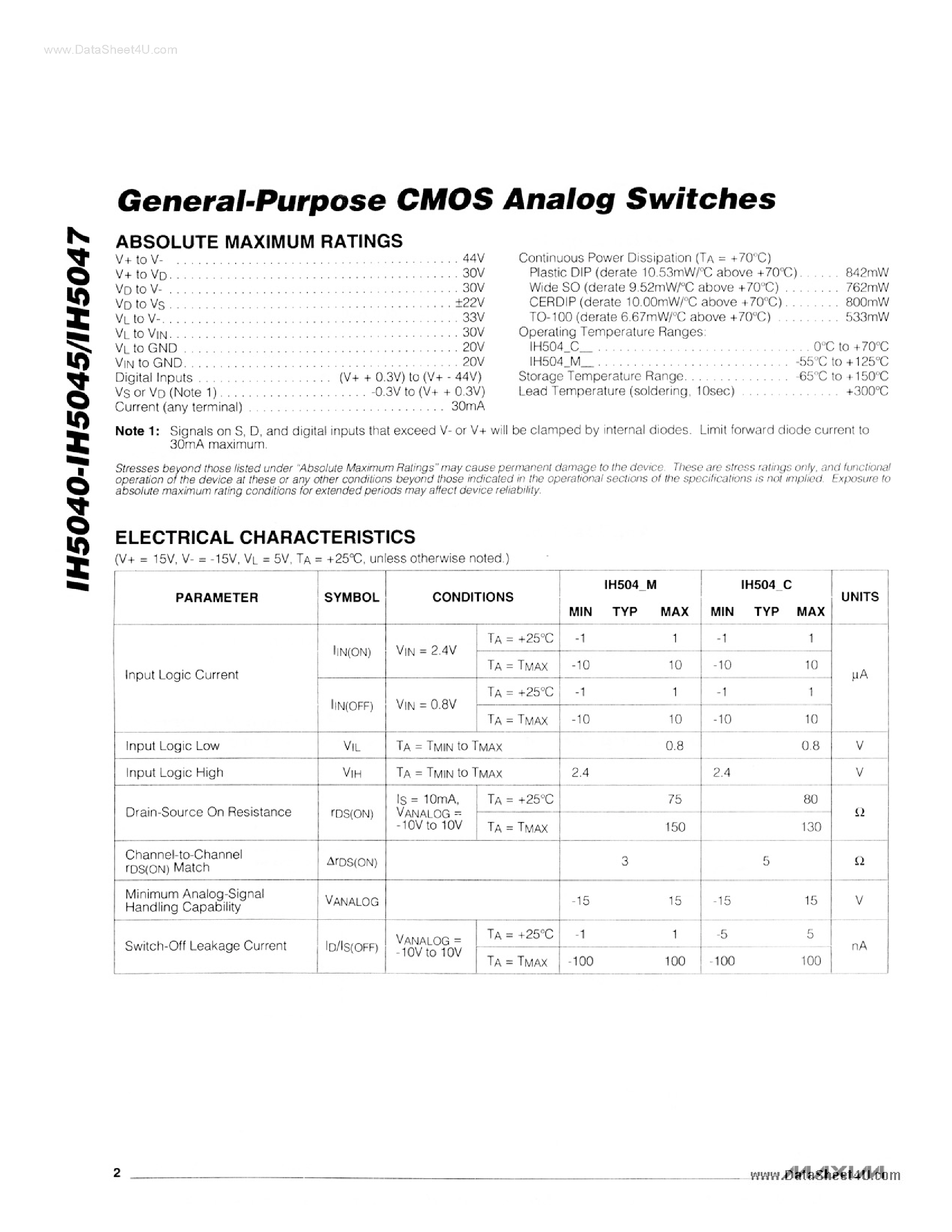Даташит IH5041C/D - General-Purpose CMOS Analog Switches страница 2