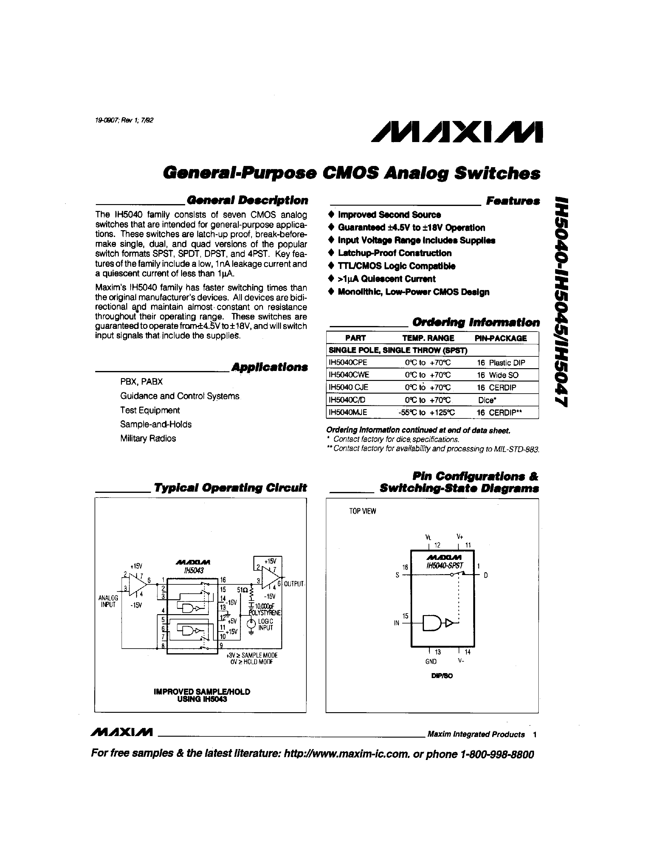 Даташит IH5041CTW - General-Purpose CMOS Analog Switches страница 1