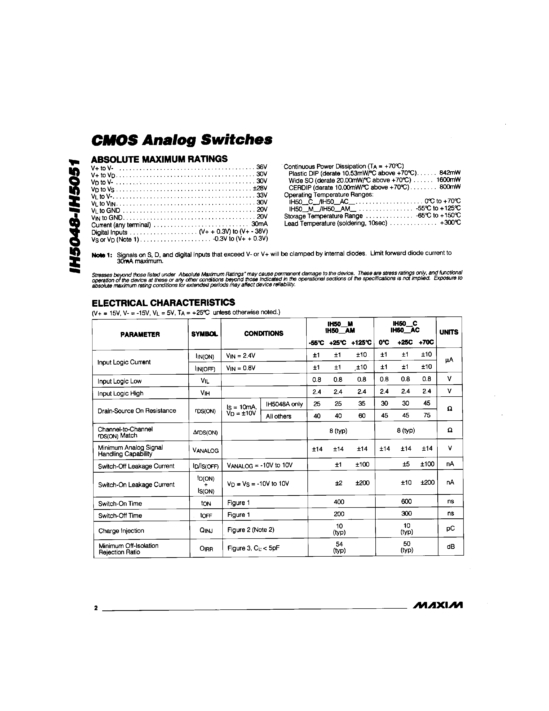 Datasheet IH5048D - CMOS Analog switches page 2