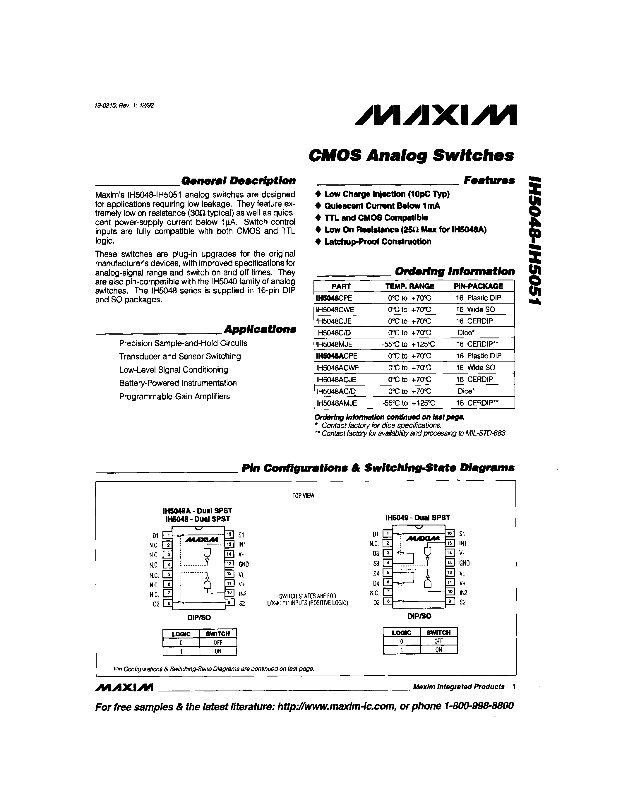 Datasheet IH5050D - CMOS Analog switches page 1