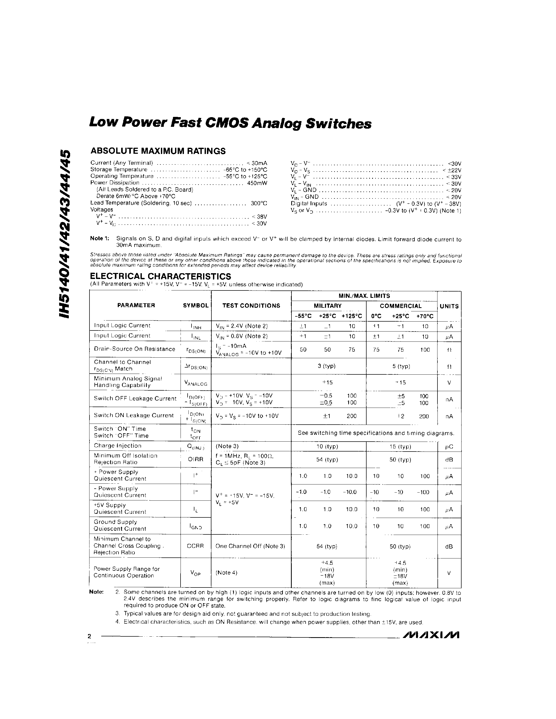 Datasheet IH5141CPE - Low Power Fast CMOS Analog Switches page 2