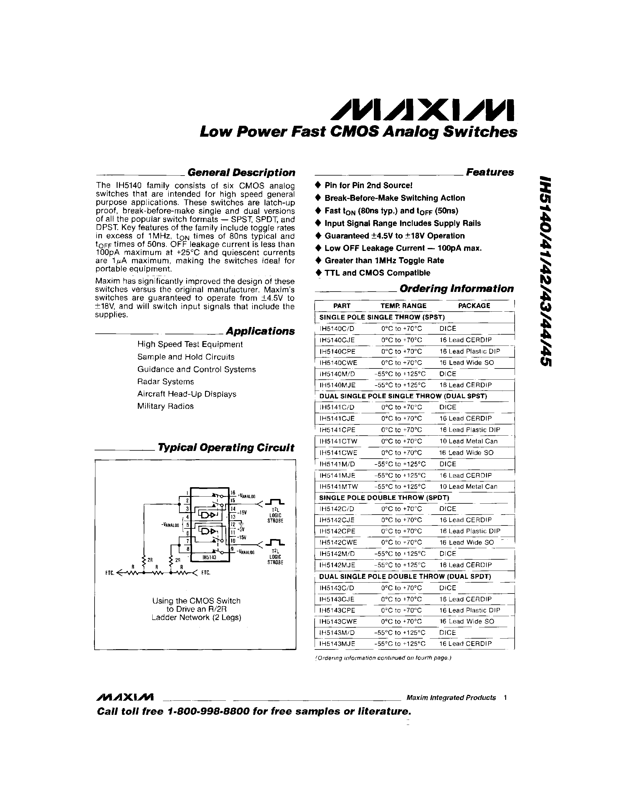 Datasheet IH5141MJE - Low Power Fast CMOS Analog Switches page 1