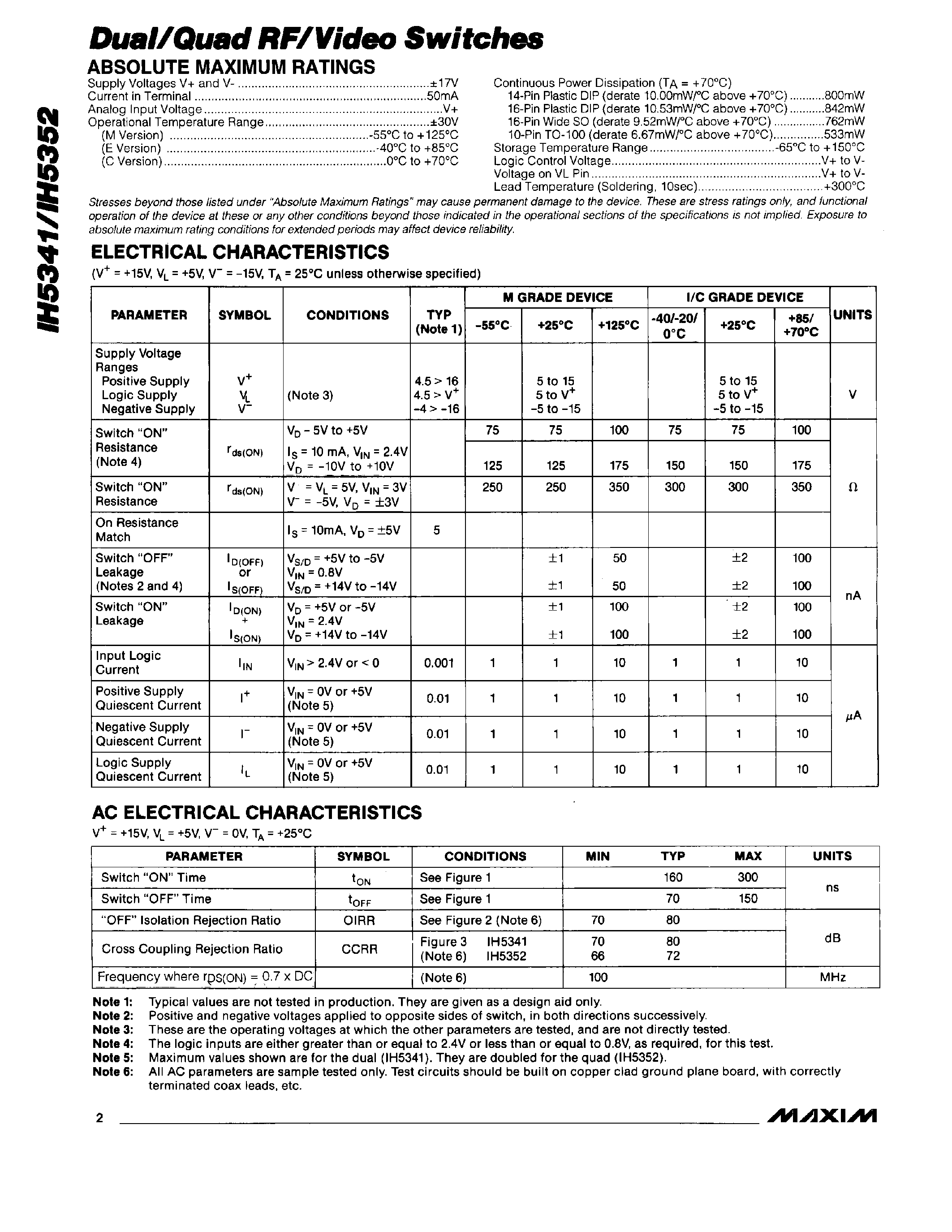 Datasheet IH5341 - Dual/Quad RF/Video Switches page 2