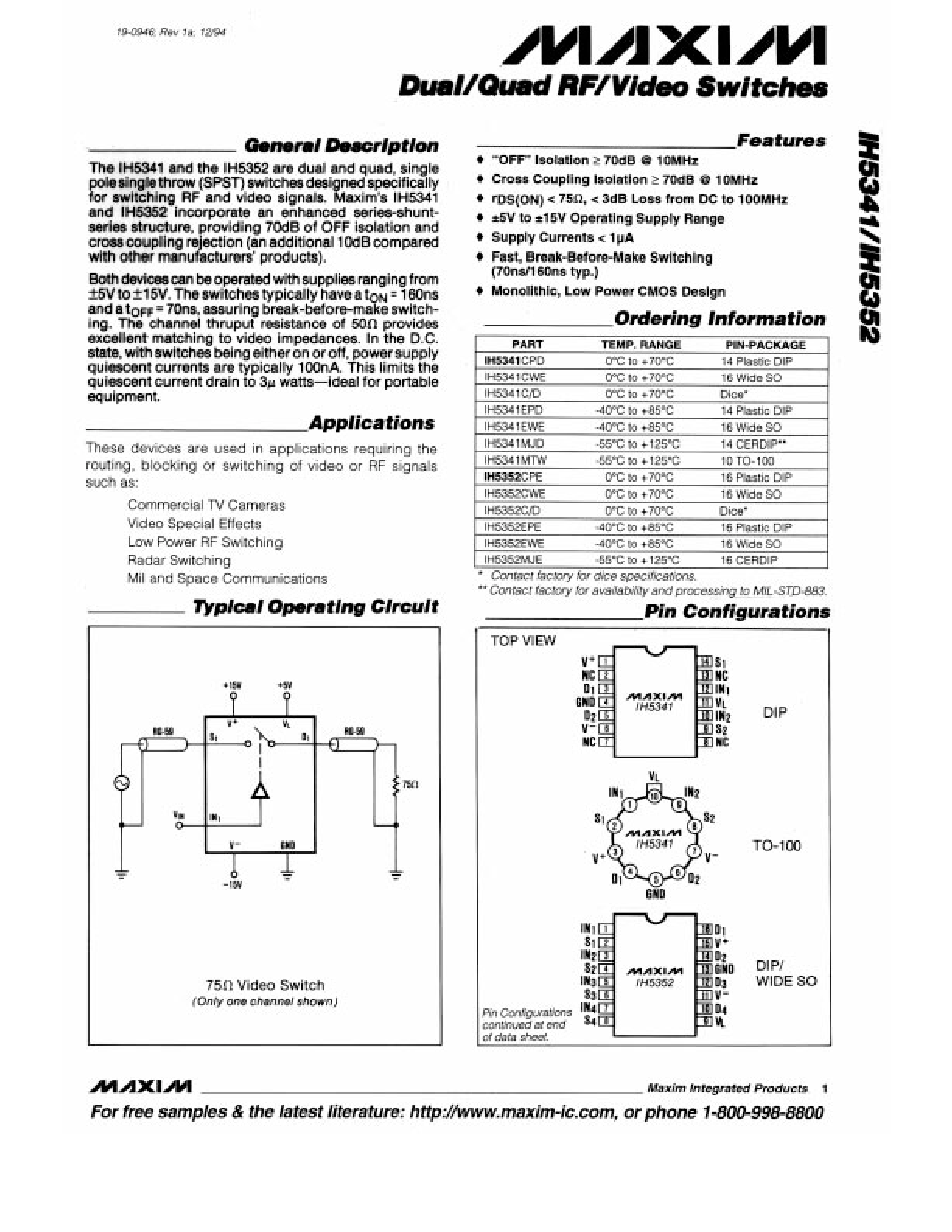 Datasheet IH5342EWE - Dual/Quad RF/Video Switches page 1