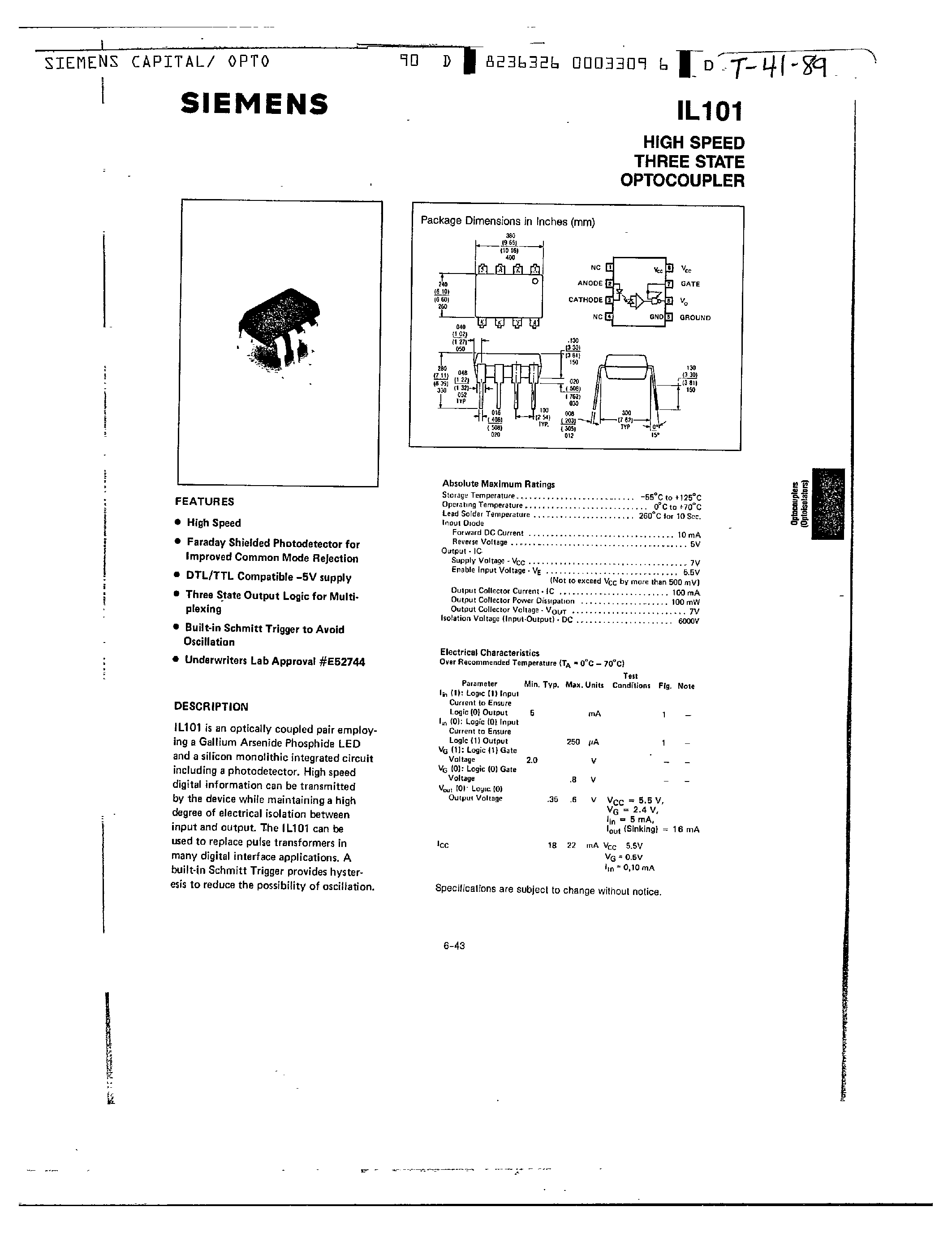 Datasheet IL101 page 1 Datasheet IL101 - high speed three state optocoupler page 1