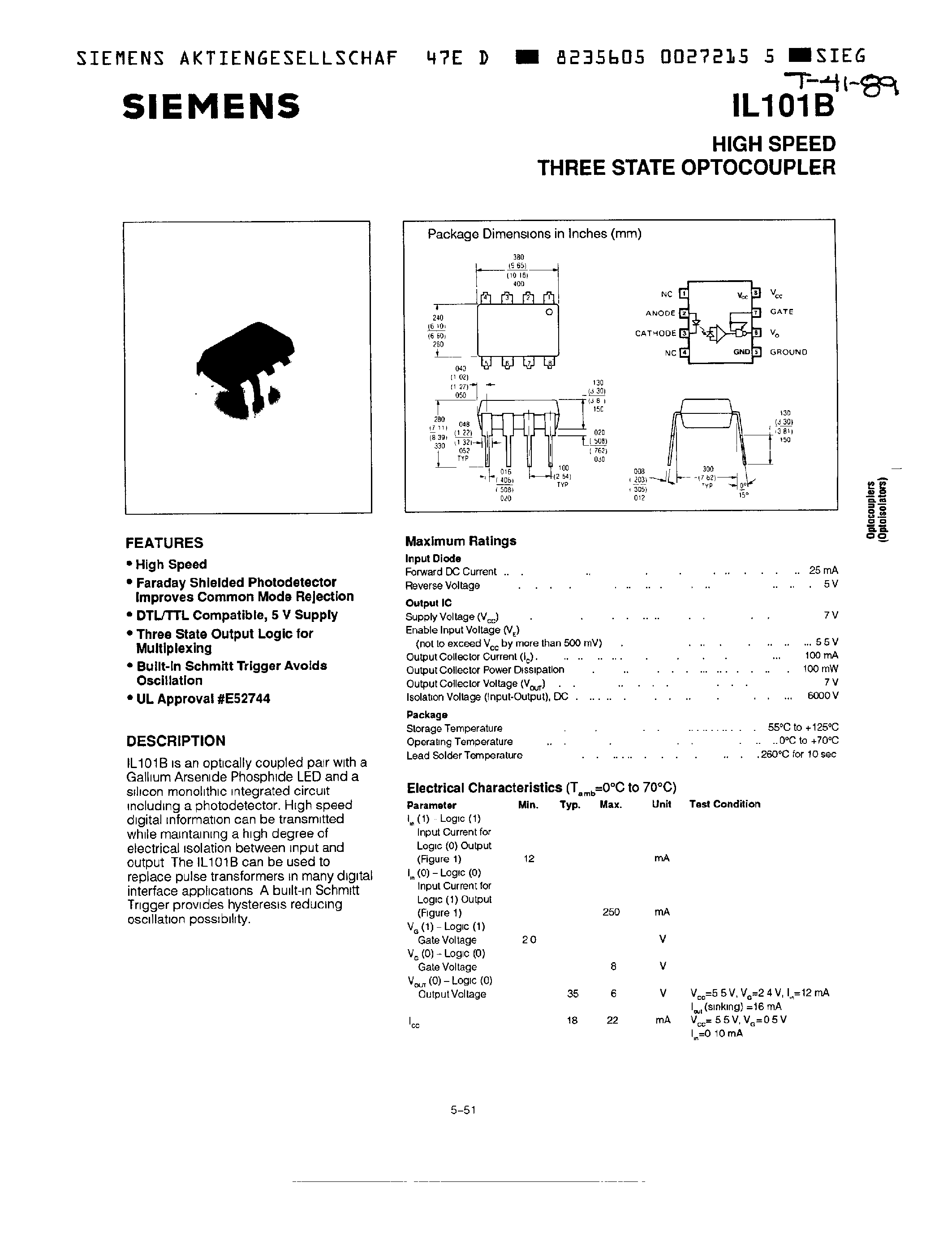 Datasheet IL101B page 1 Datasheet IL101B - HIGH SPEED THREE STATE OPTOCOUPLER page 1