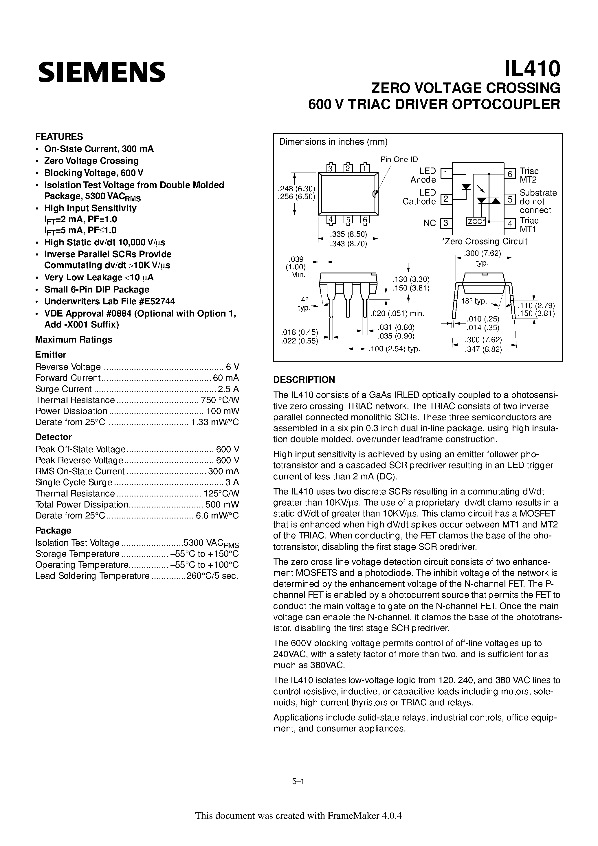 Datasheet IL410 - ZERO VOLTAGE CROSSING 600 V TRIAC DRIVER OPTOCOUPLER page 1