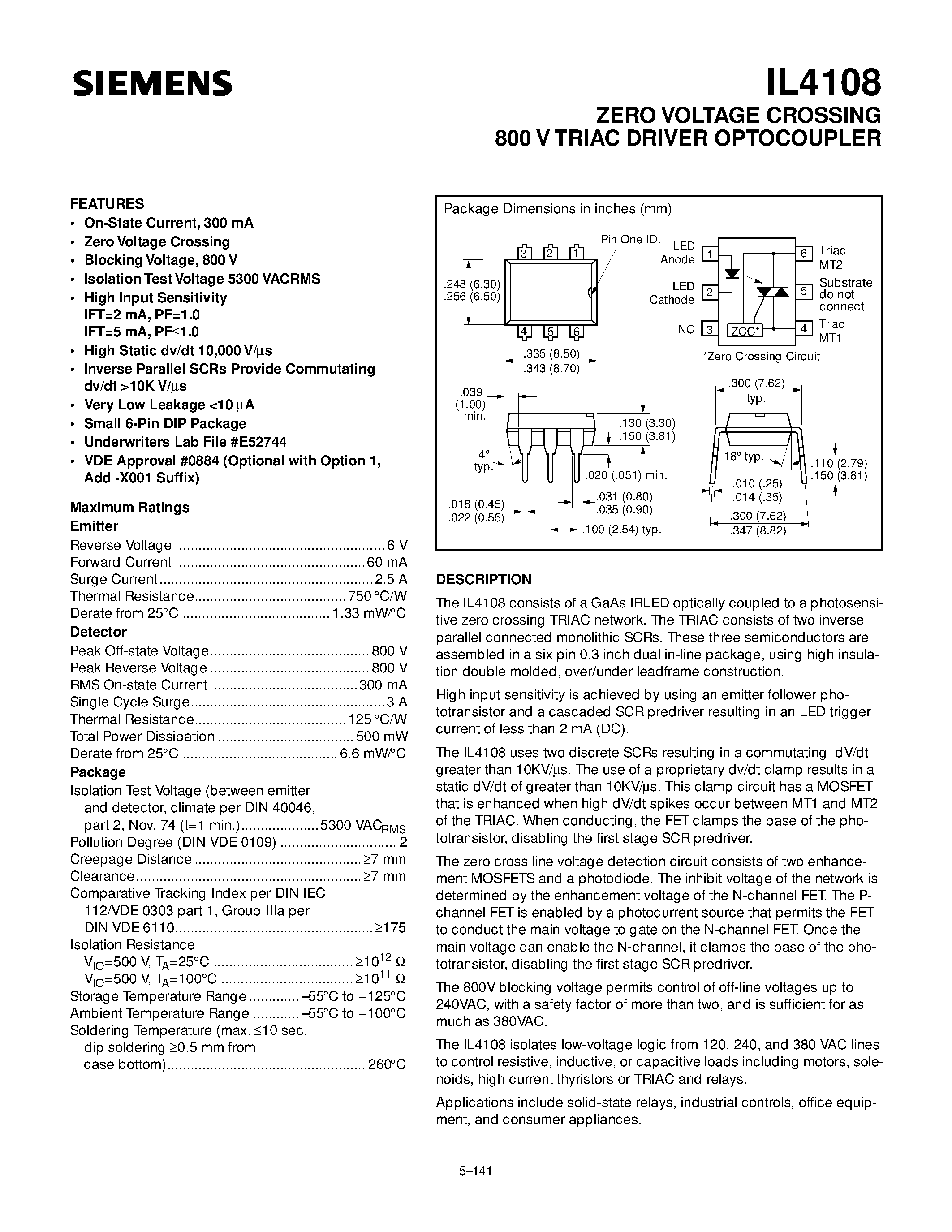 Datasheet IL4108 page 1 Datasheet IL4108 - ZERO VOLTAGE CROSSING 800 V TRIAC DRIVER OPTOCOUPLER page 1