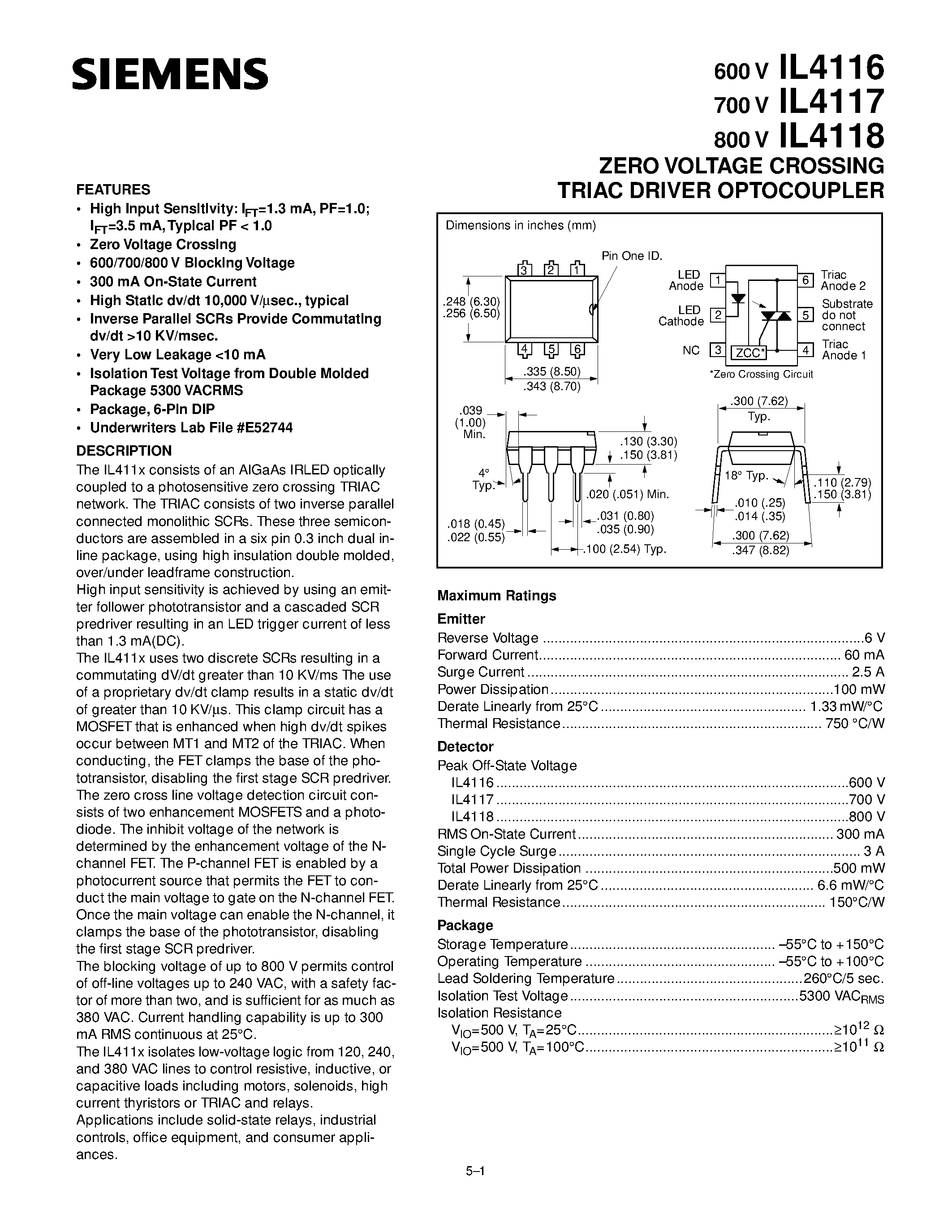 Datasheet IL4116 - ZERO VOLTAGE CROSSING TRIAC DRIVER OPTOCOUPLER page 1