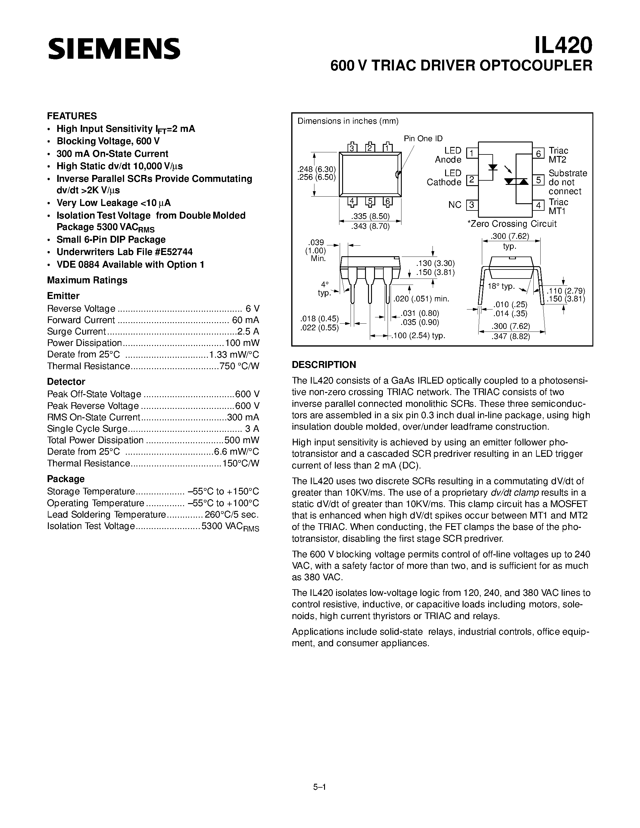 Datasheet IL420 - 600 V TRIAC DRIVER OPTOCOUPLER page 1
