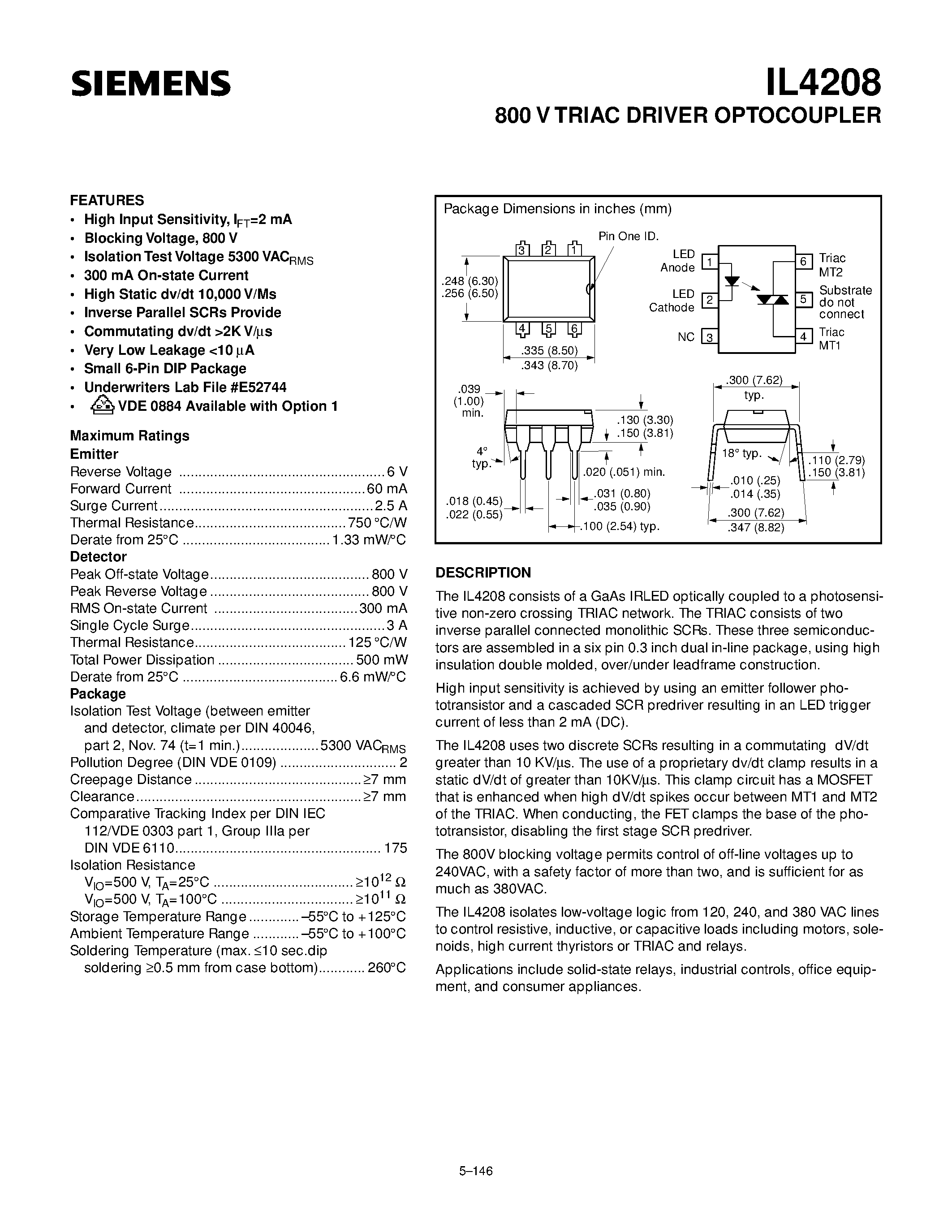 Datasheet IL4208 - 800 V TRIAC DRIVER OPTOCOUPLER page 1