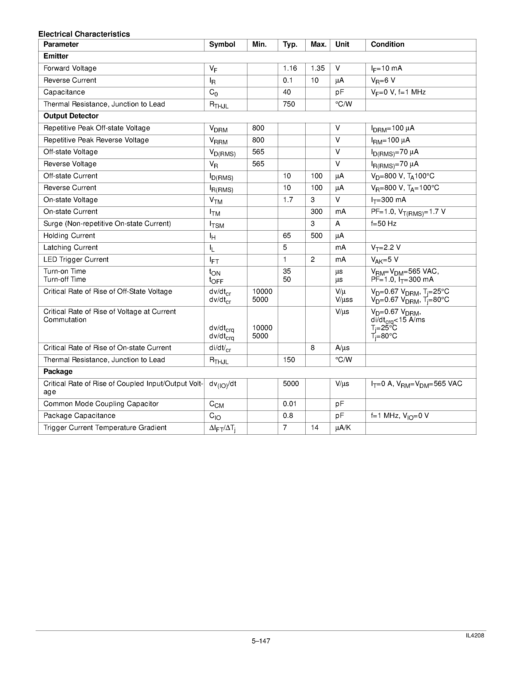 Datasheet IL4208 - 800 V TRIAC DRIVER OPTOCOUPLER page 2