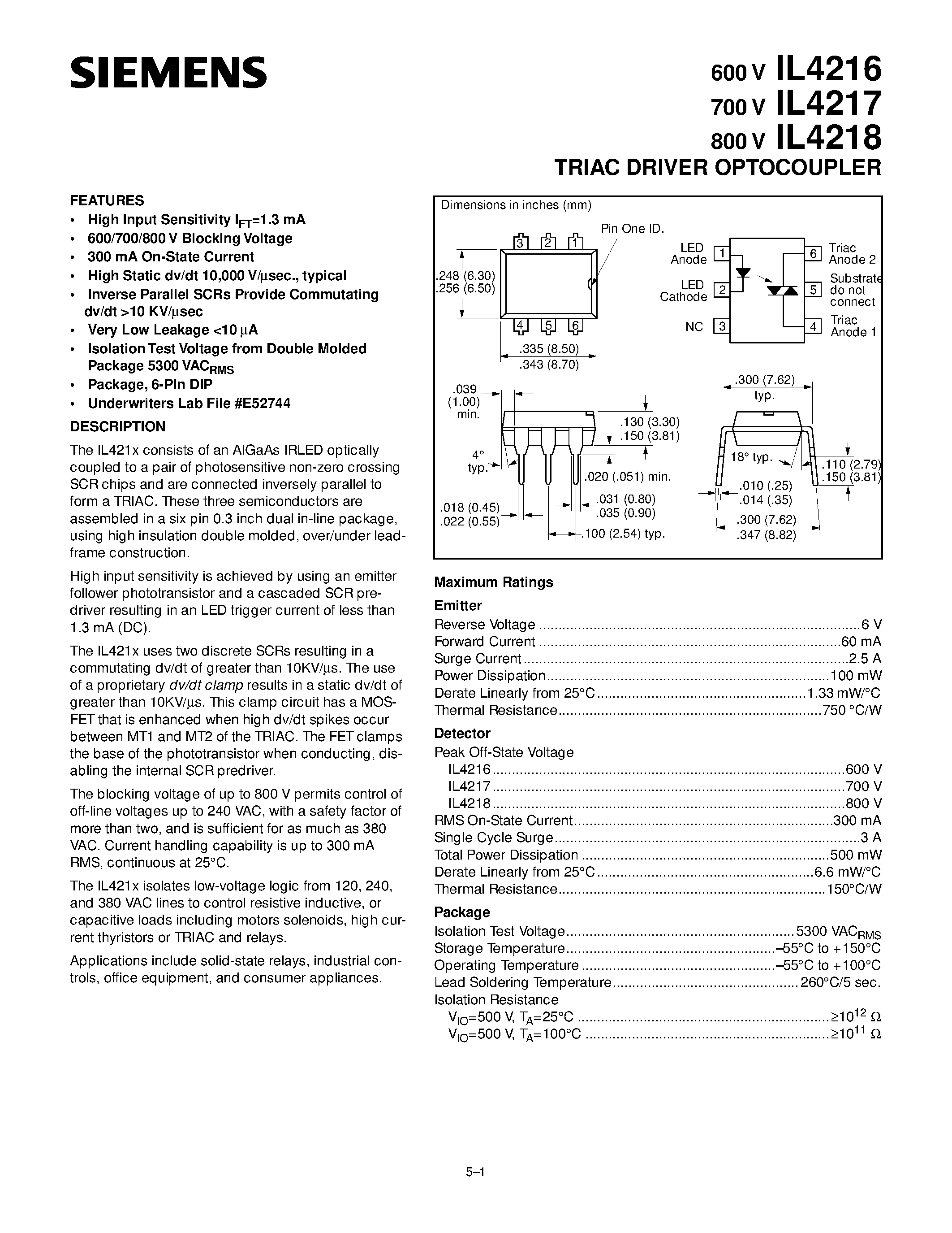 Datasheet IL4217 - TRIAC DRIVER OPTOCOUPLER page 1