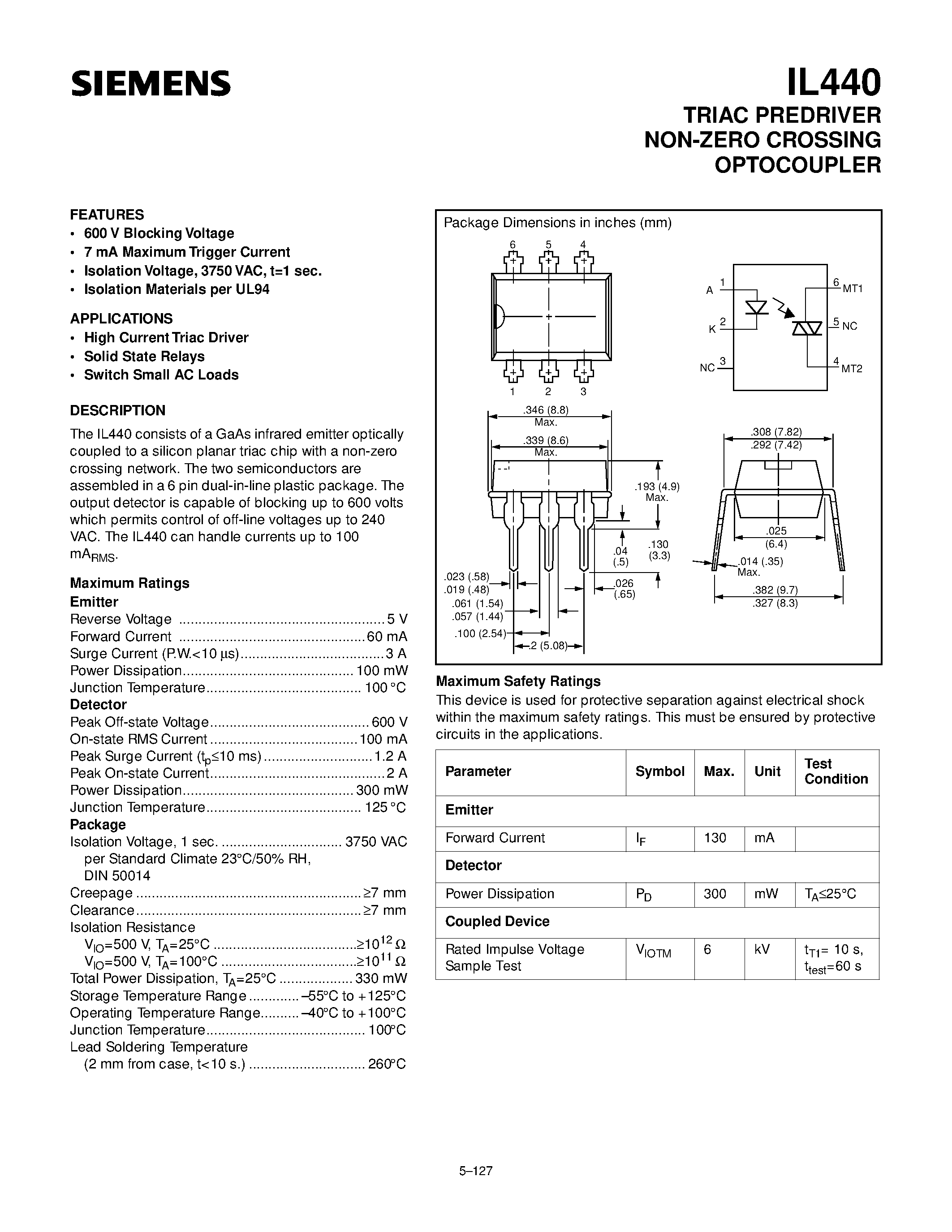 Datasheet IL440 - TRIAC PREDRIVER NON-ZERO CROSSING OPTOCOUPLER page 1