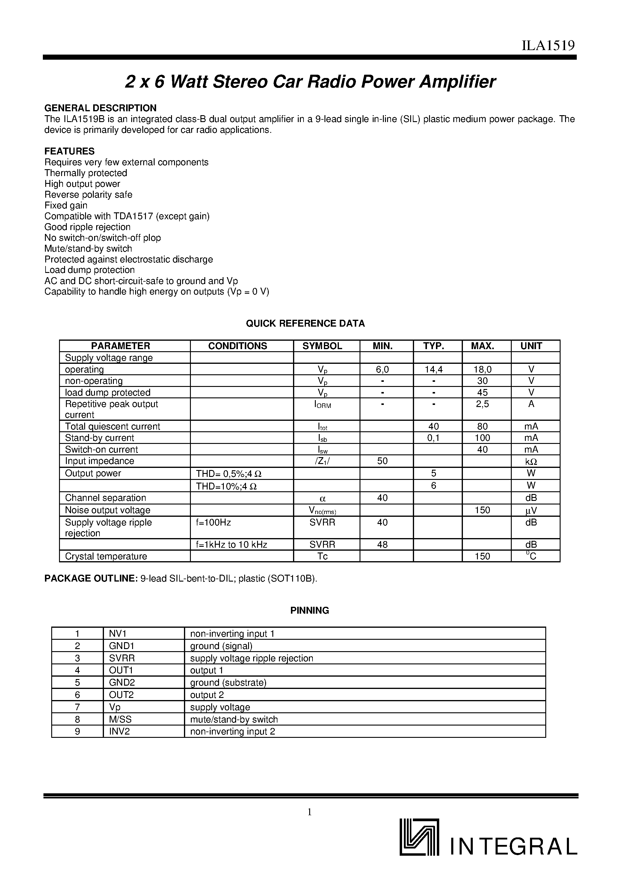 Даташит ILA1519 - 2 x 6 Watt Stereo Car Radio Power Amplifier страница 1