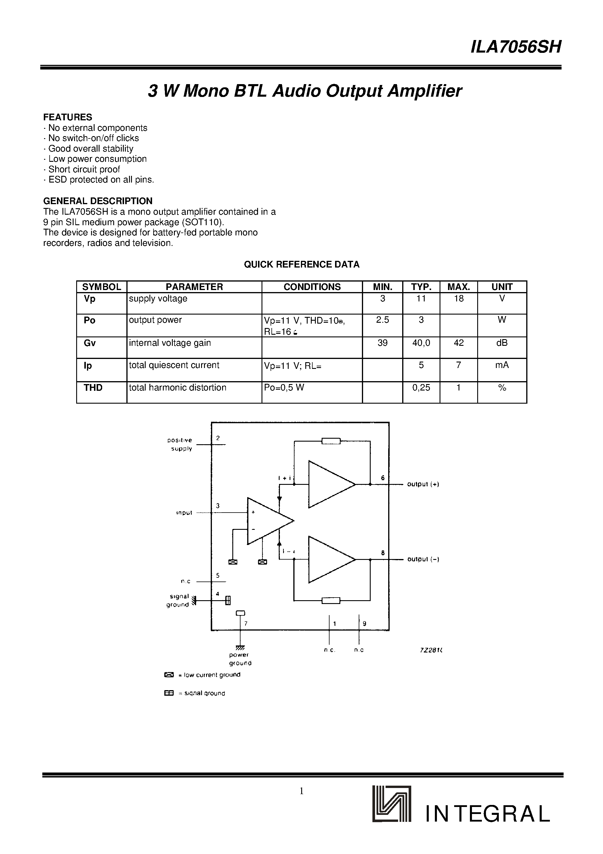 Datasheet ILA7056SH - 3 W Mono BTL Audio Output Amplifier page 1