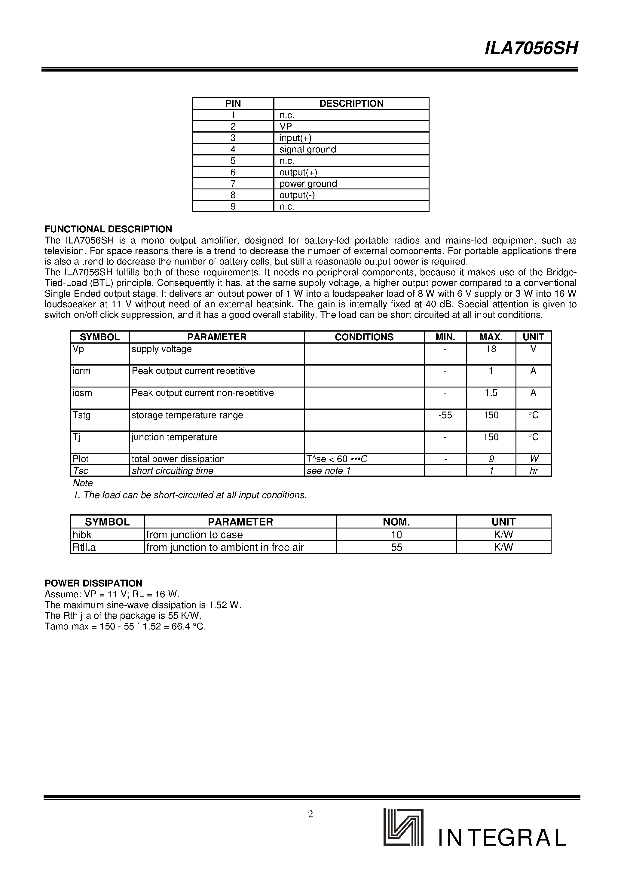 Datasheet ILA7056SH - 3 W Mono BTL Audio Output Amplifier page 2