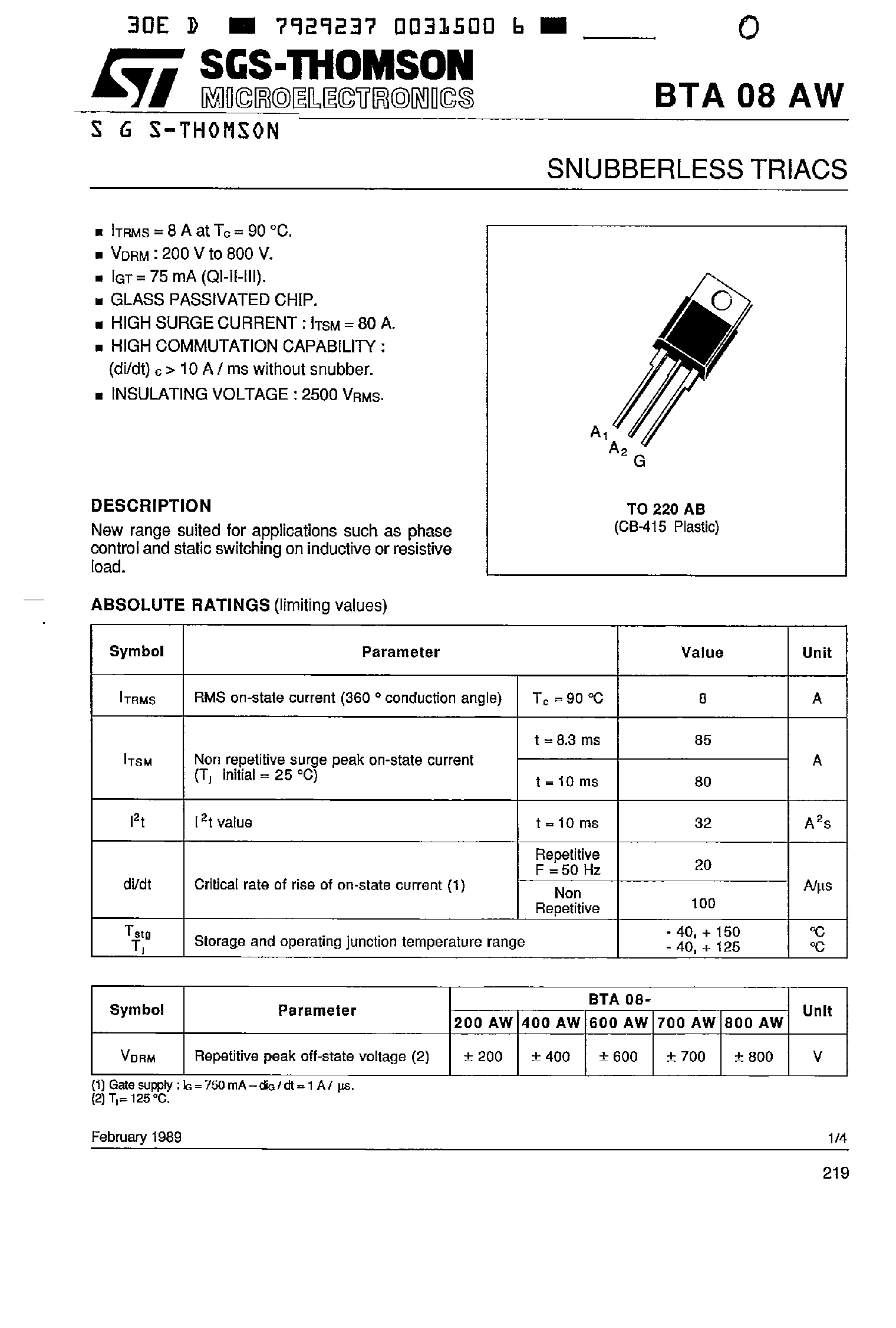 Даташит BTA08-800AW - SNUBBERLESS TRIACS страница 1