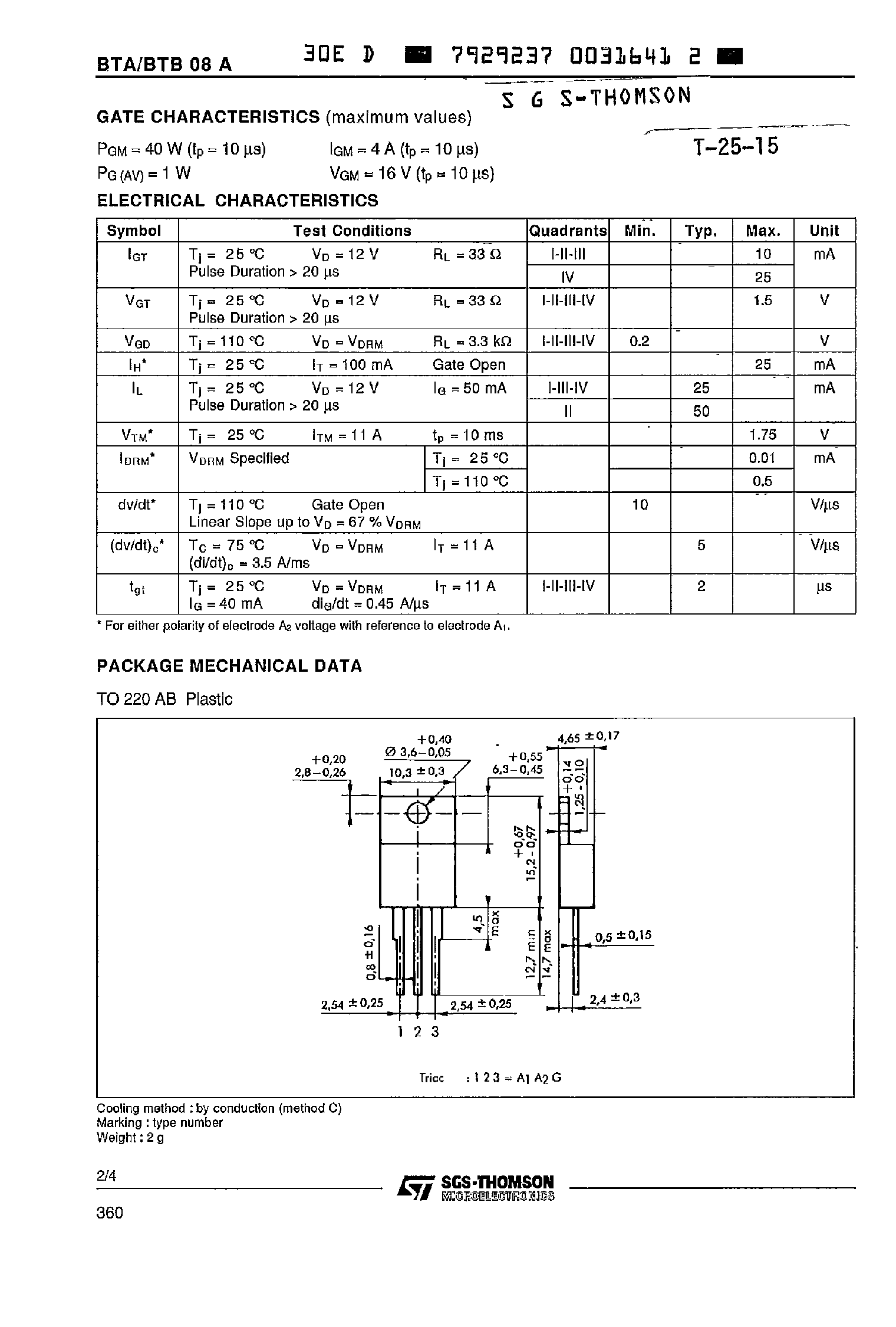 Даташит на микросхему BTA08A-200A страница 2 Даташит BTA08A-200A - SENSITIVE GATE TRIACS страница 2