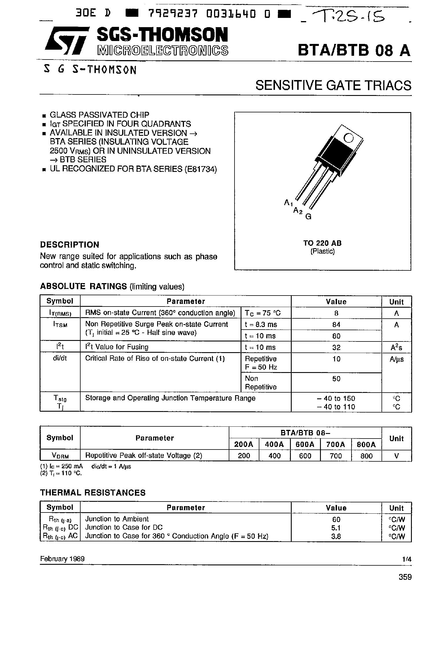 Даташит BTA08A-600A - SENSITIVE GATE TRIACS страница 1