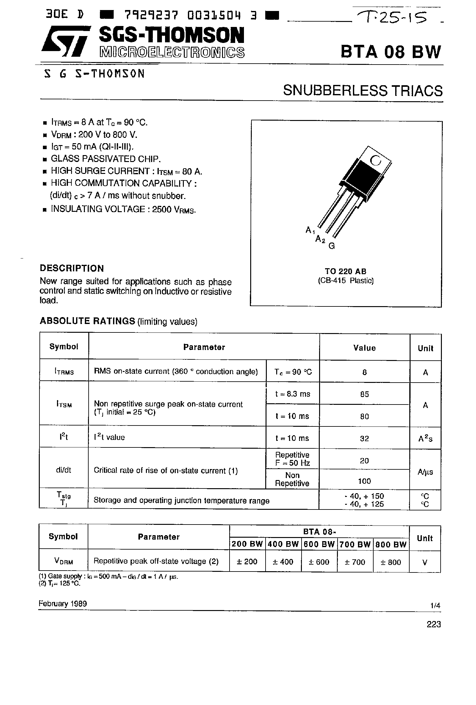 Даташит BTA08BW - SNUBBERLESS TRIACS страница 1
