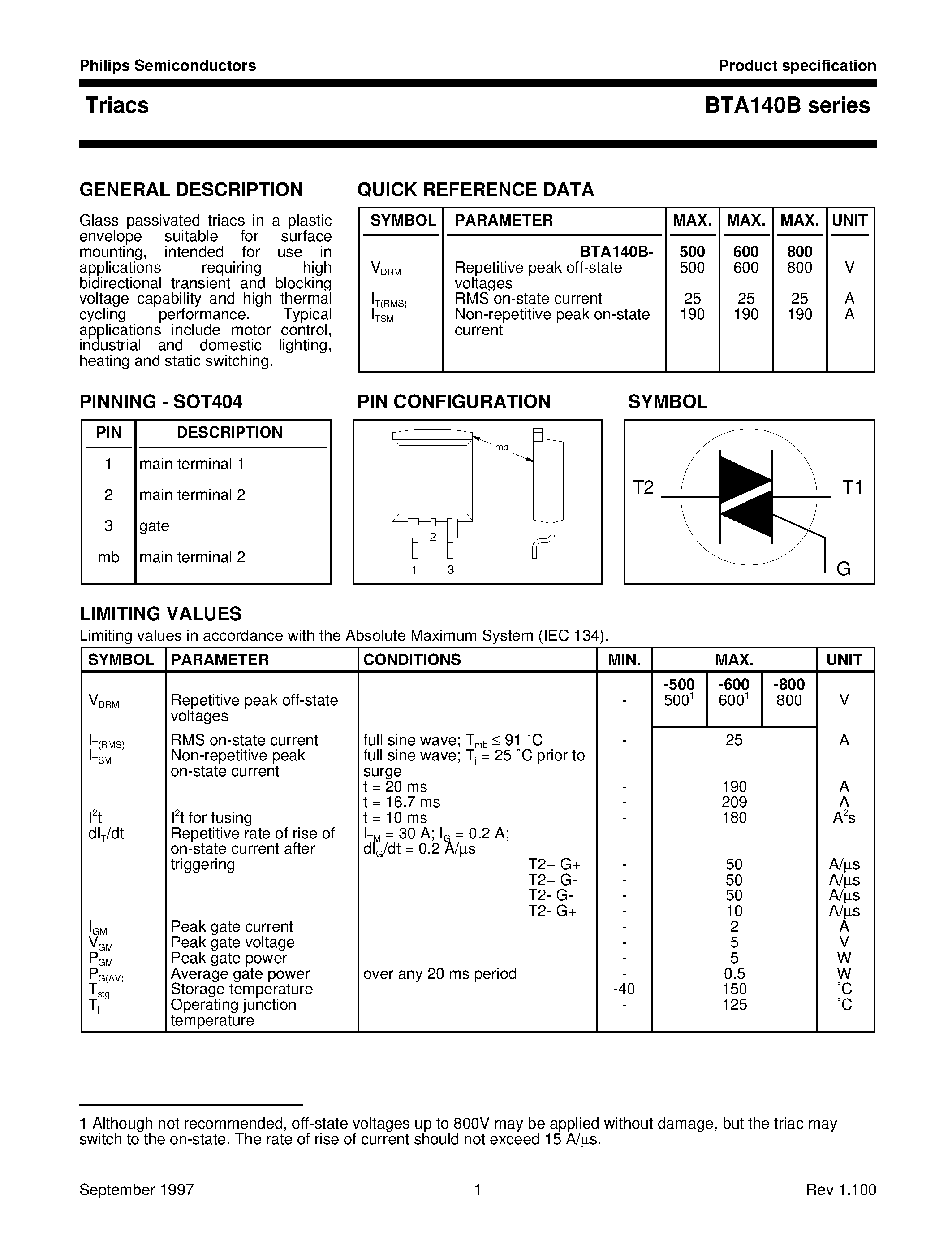 Datasheet BTA140B-600 page 1 Datasheet BTA140B-600 - Triacs page 1