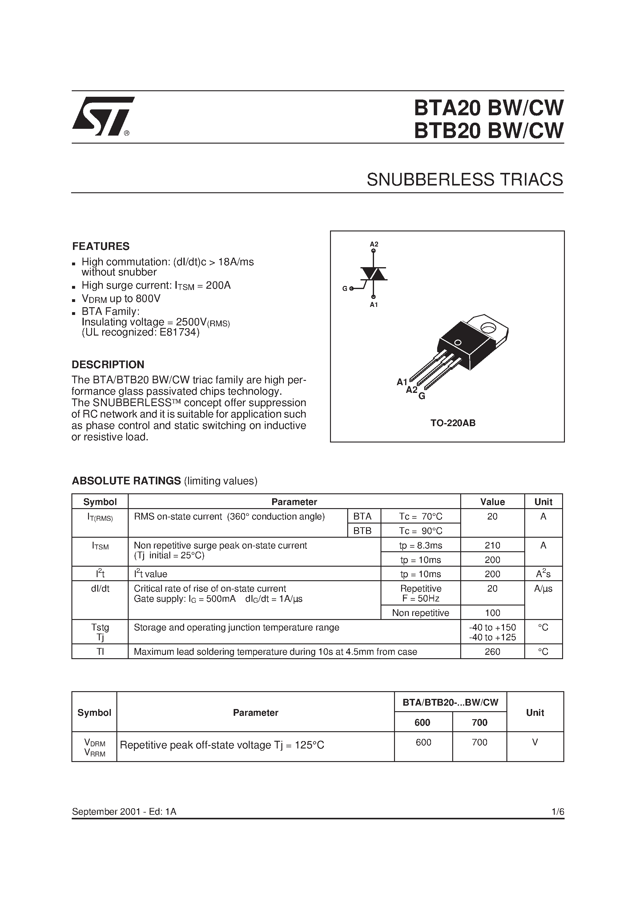 Даташит на микросхему BTA20-600CW страница 1 Даташит BTA20-600CW - SNUBBERLESS TRIACS страница 1