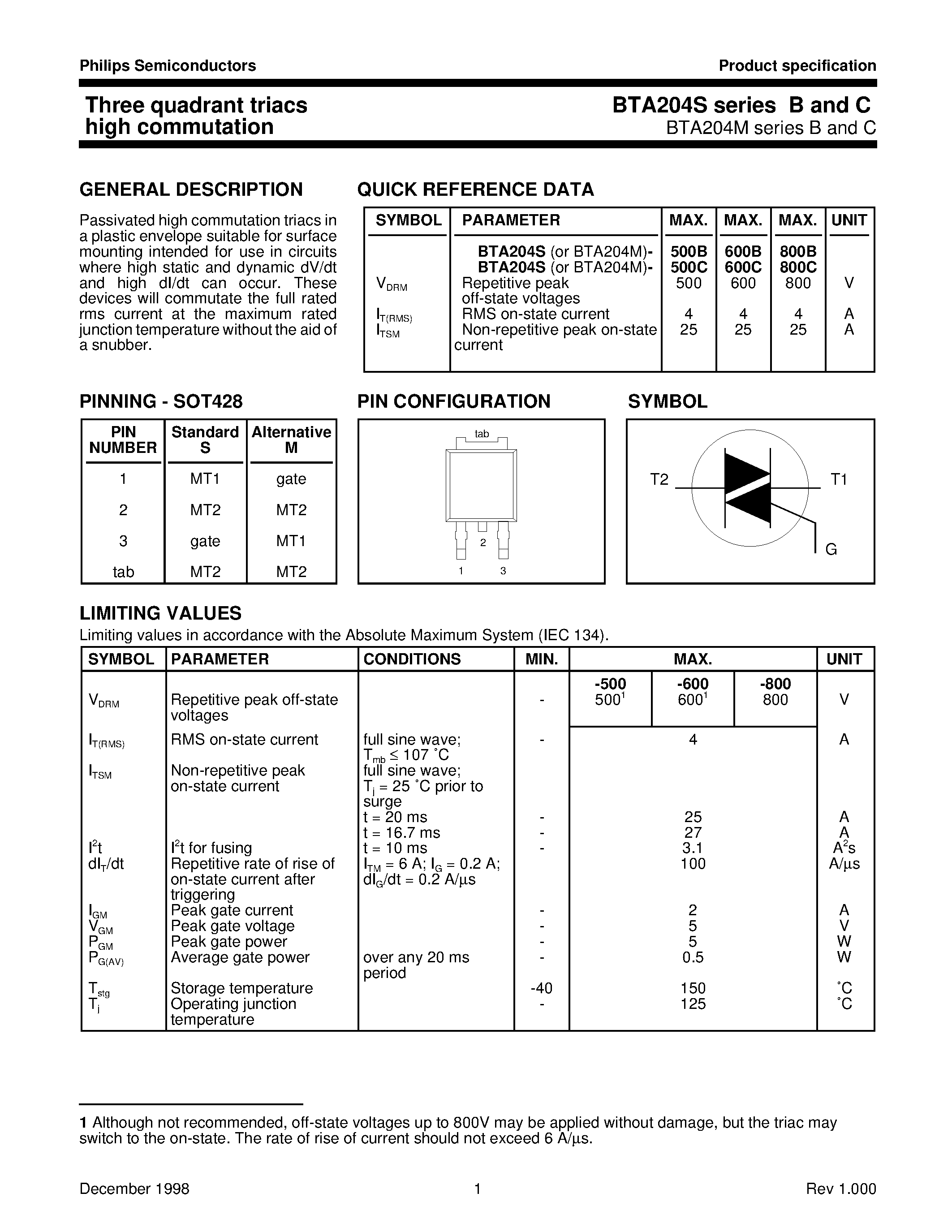 Даташит на микросхему BTA204M страница 1 Даташит BTA204M - Three quadrant triacs high commutation страница 1