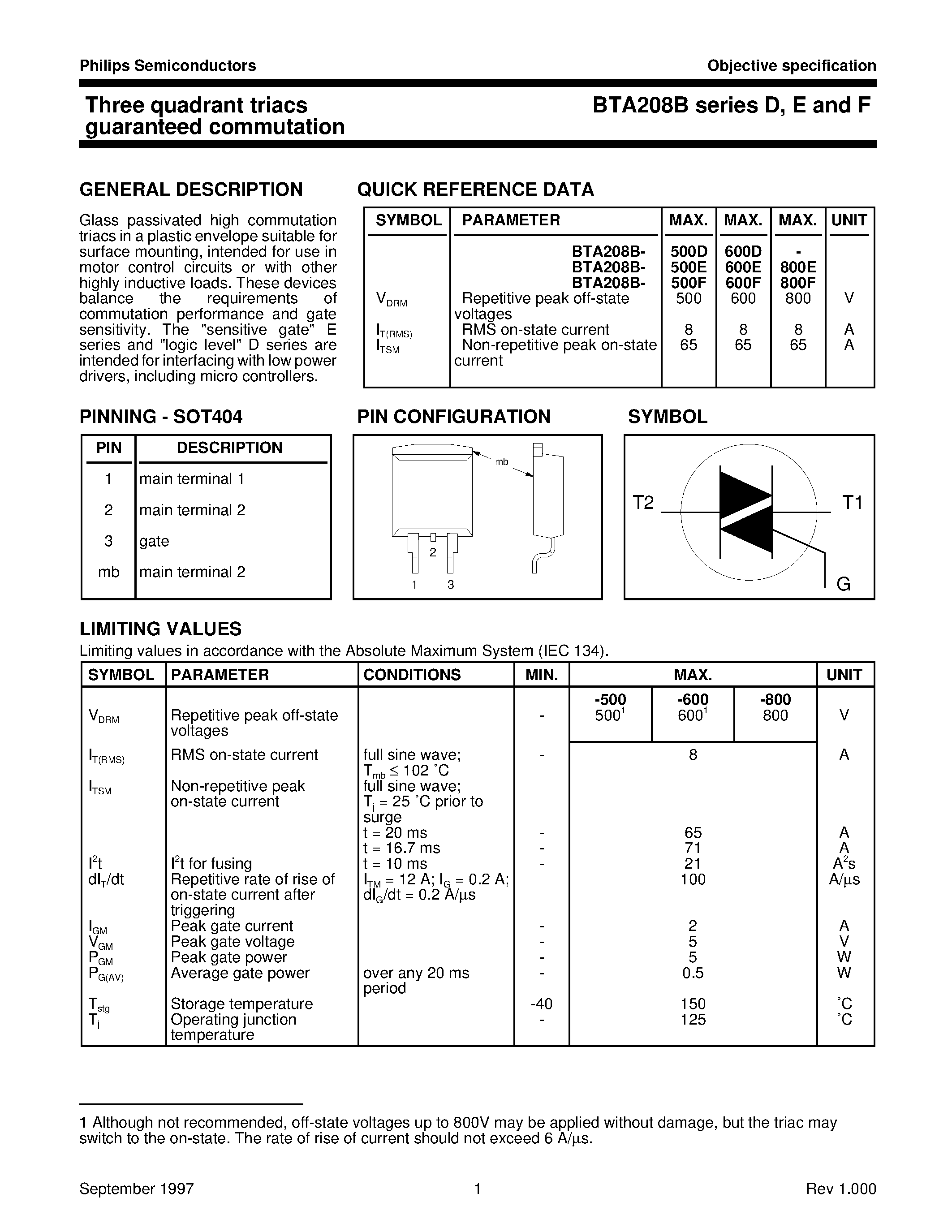 Даташит BTA208B-800F - Three quadrant triacs guaranteed commutation страница 1