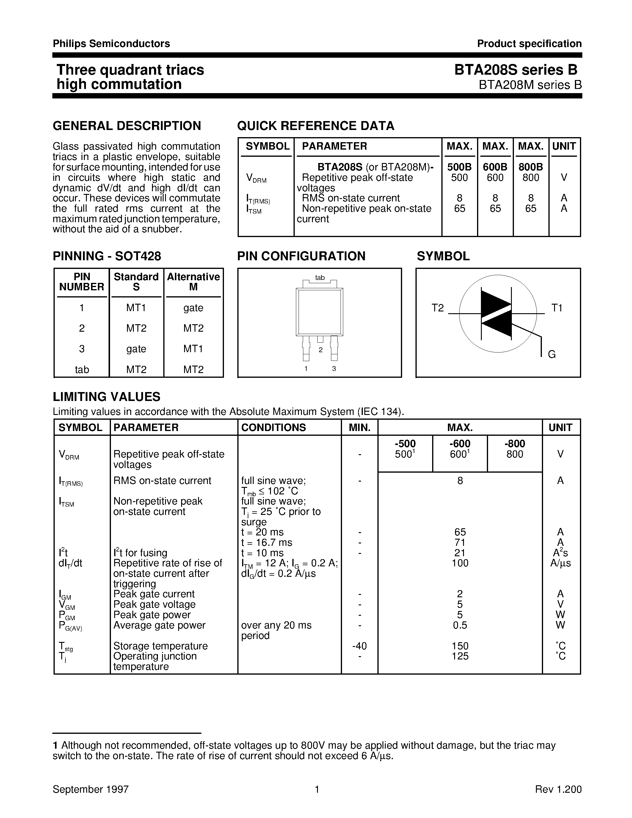 Даташит BTA208M-500B - Three quadrant triacs high commutation страница 1