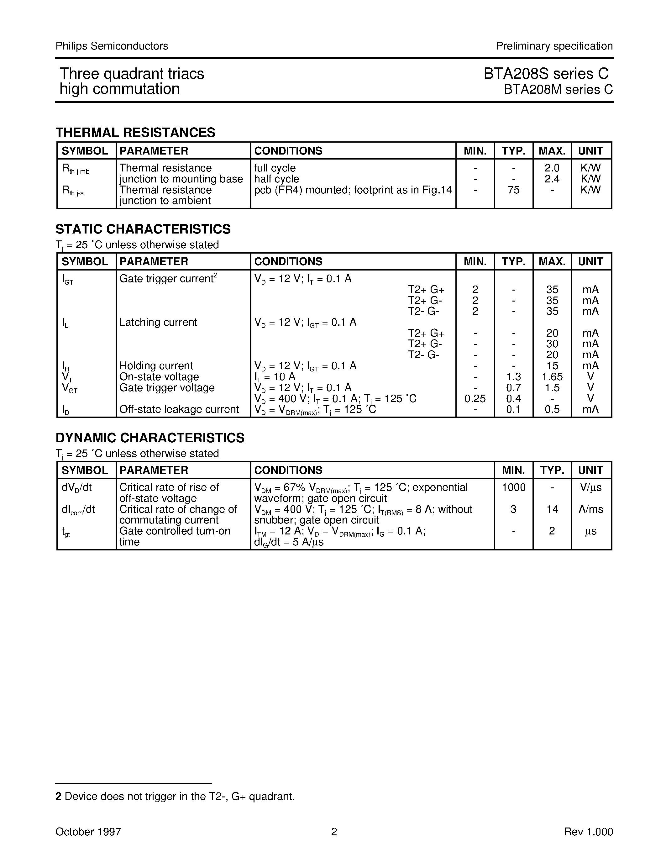 Datasheet BTA208S-600C - Three quadrant triacs high commutation page 2
