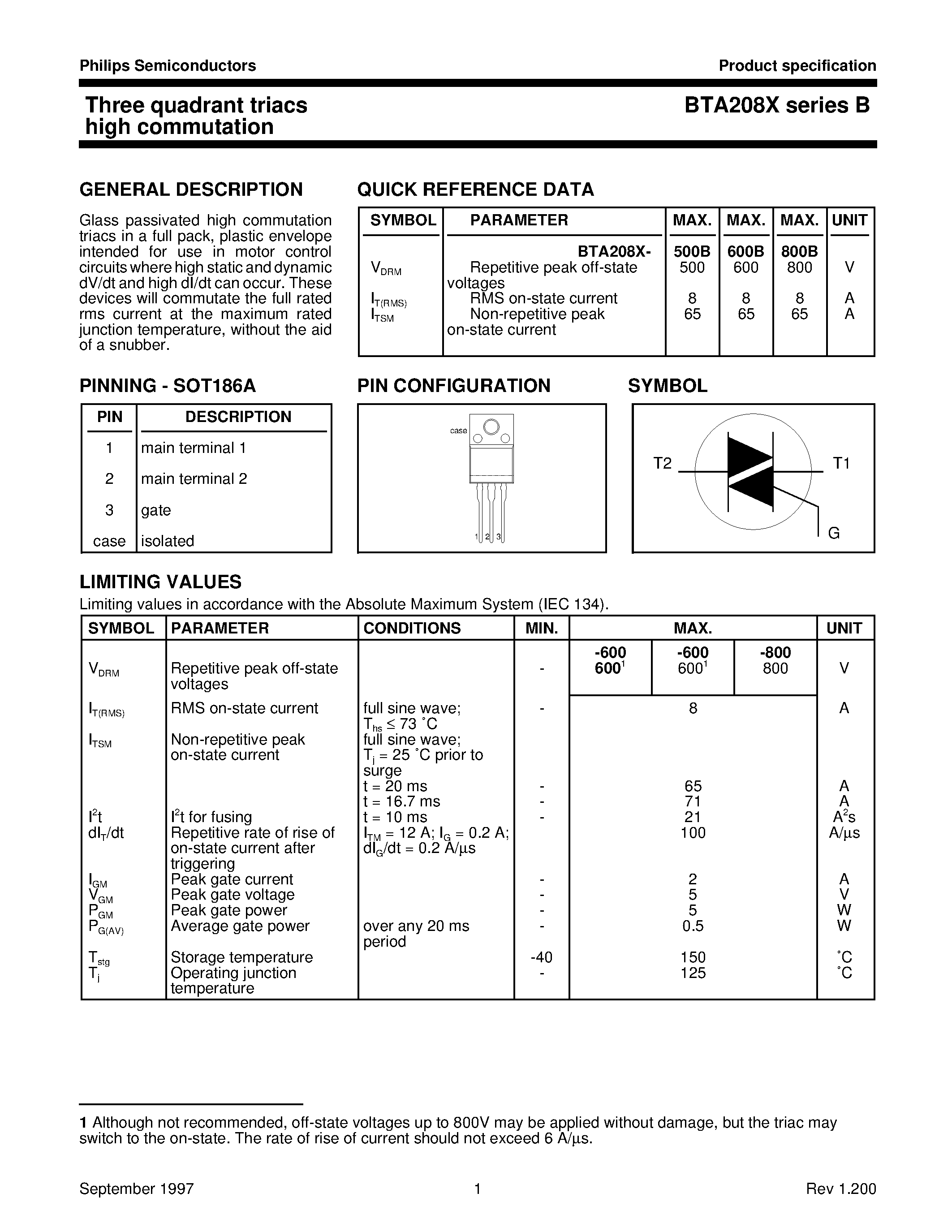 Даташит BTA208X-800B - Three quadrant triacs high commutation страница 1