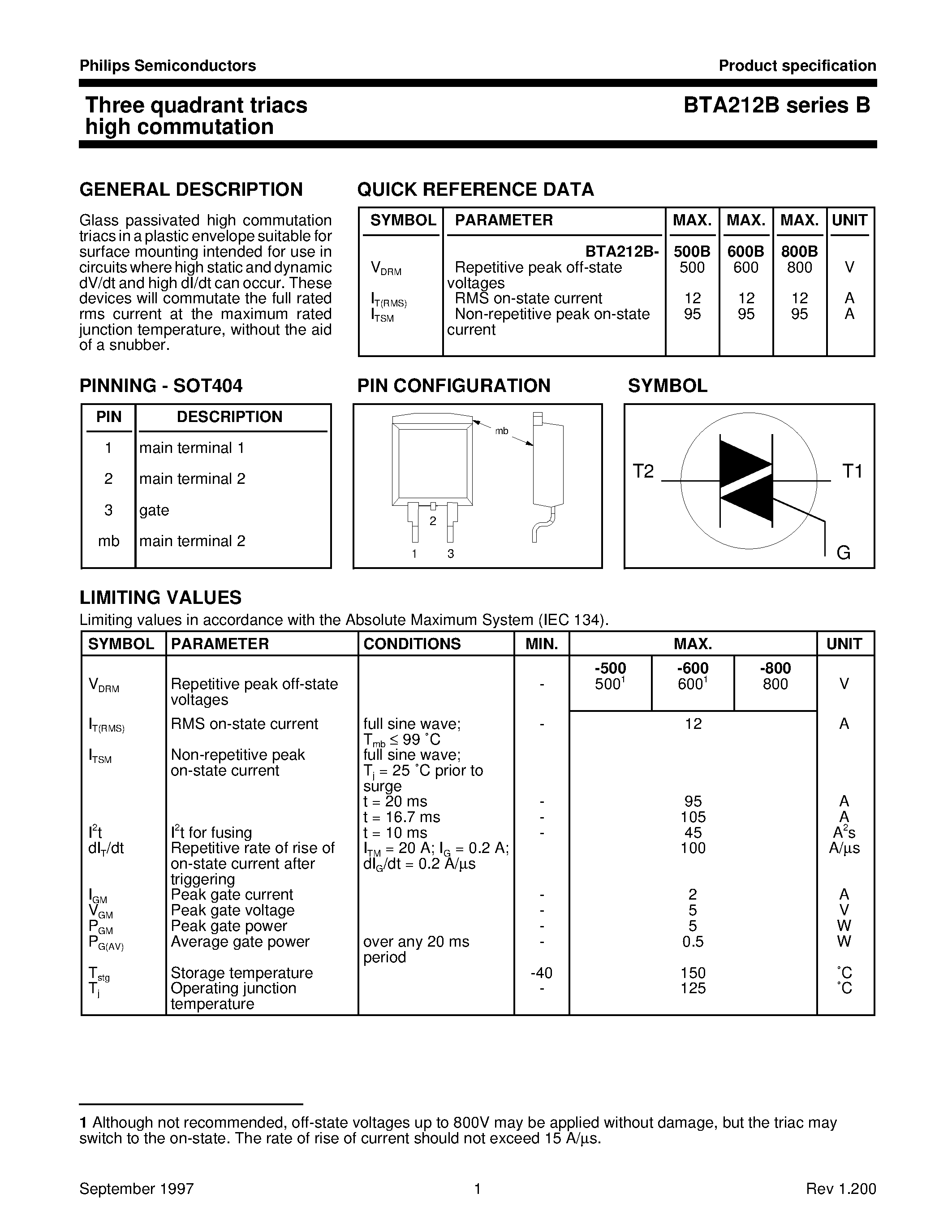 Datasheet BTA212B-600B - Three quadrant triacs high commutation page 1