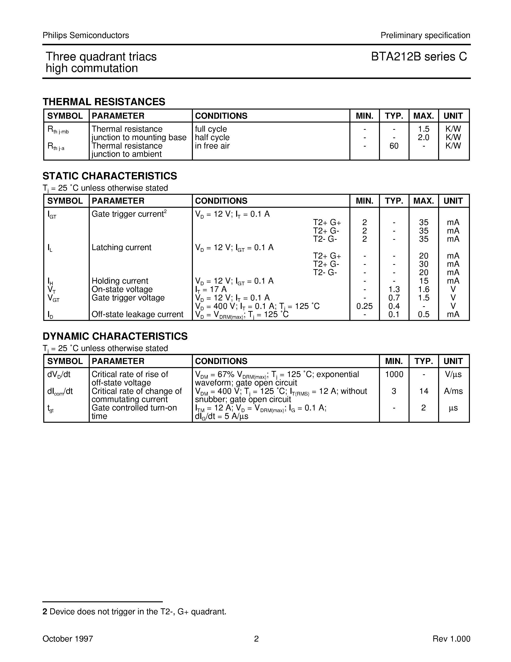 Datasheet BTA212B-800C page 2 Datasheet BTA212B-800C - Three quadrant triacs high commutation page 2