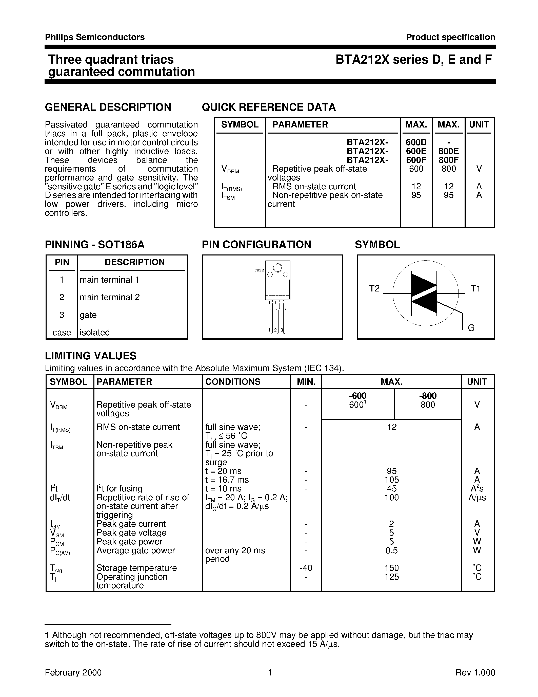 Datasheet BTA212X-600F page 1 Datasheet BTA212X-600F - Three quadrant triacs guaranteed commutation page 1