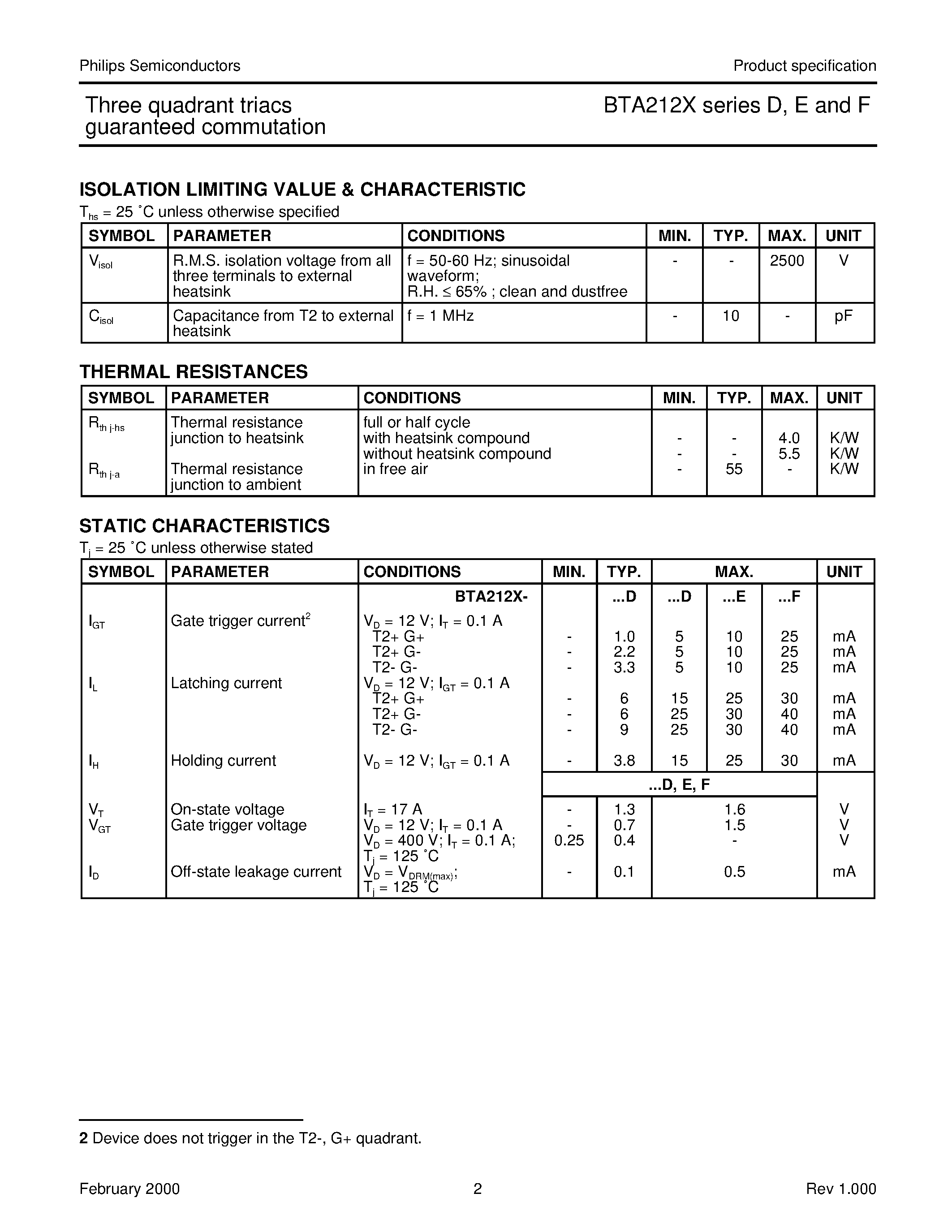 Datasheet BTA212X-800F page 2 Datasheet BTA212X-800F - Three quadrant triacs guaranteed commutation page 2