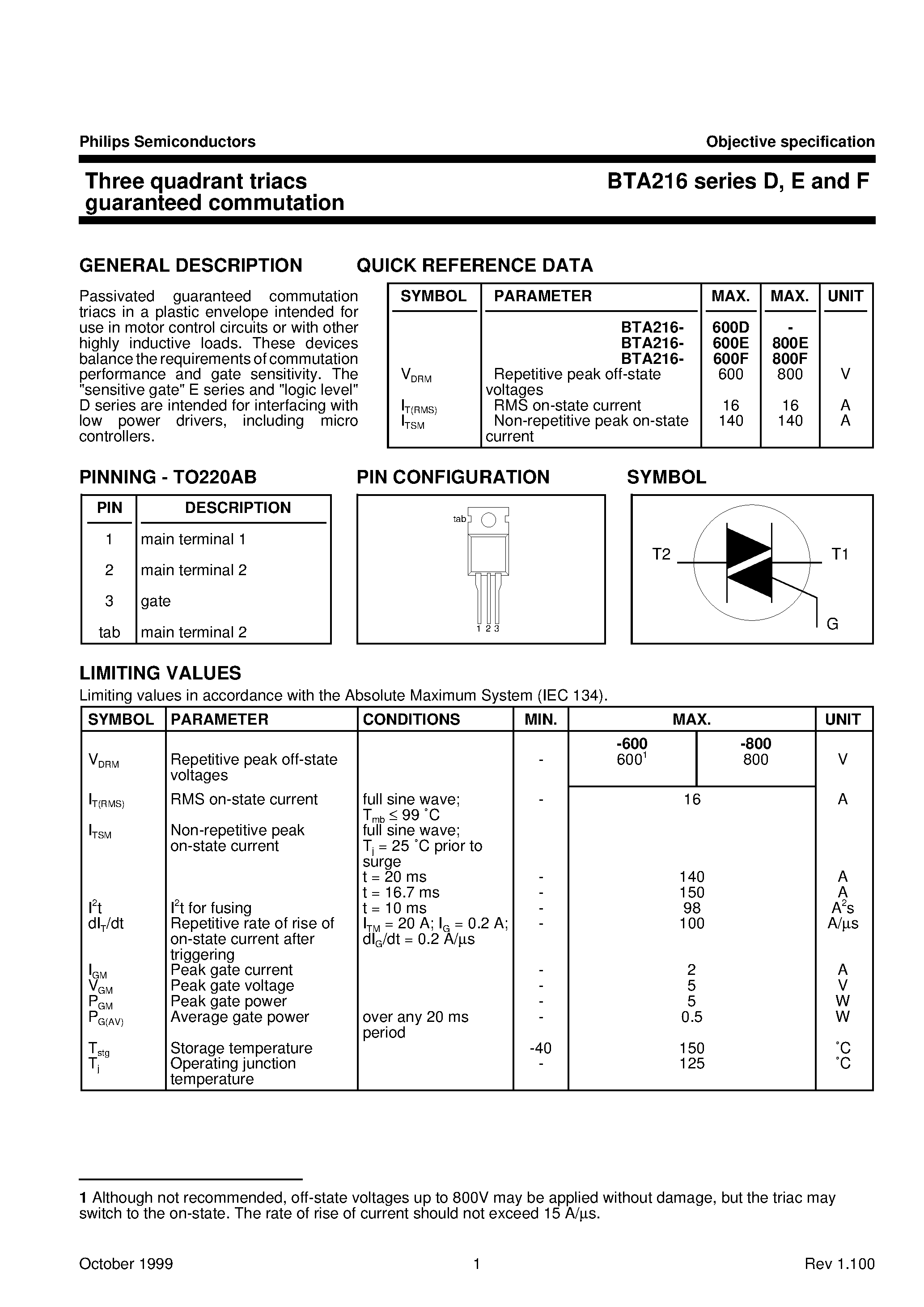 Datasheet BTA216 page 1 Datasheet BTA216 - Three quadrant triacs guaranteed commutation page 1