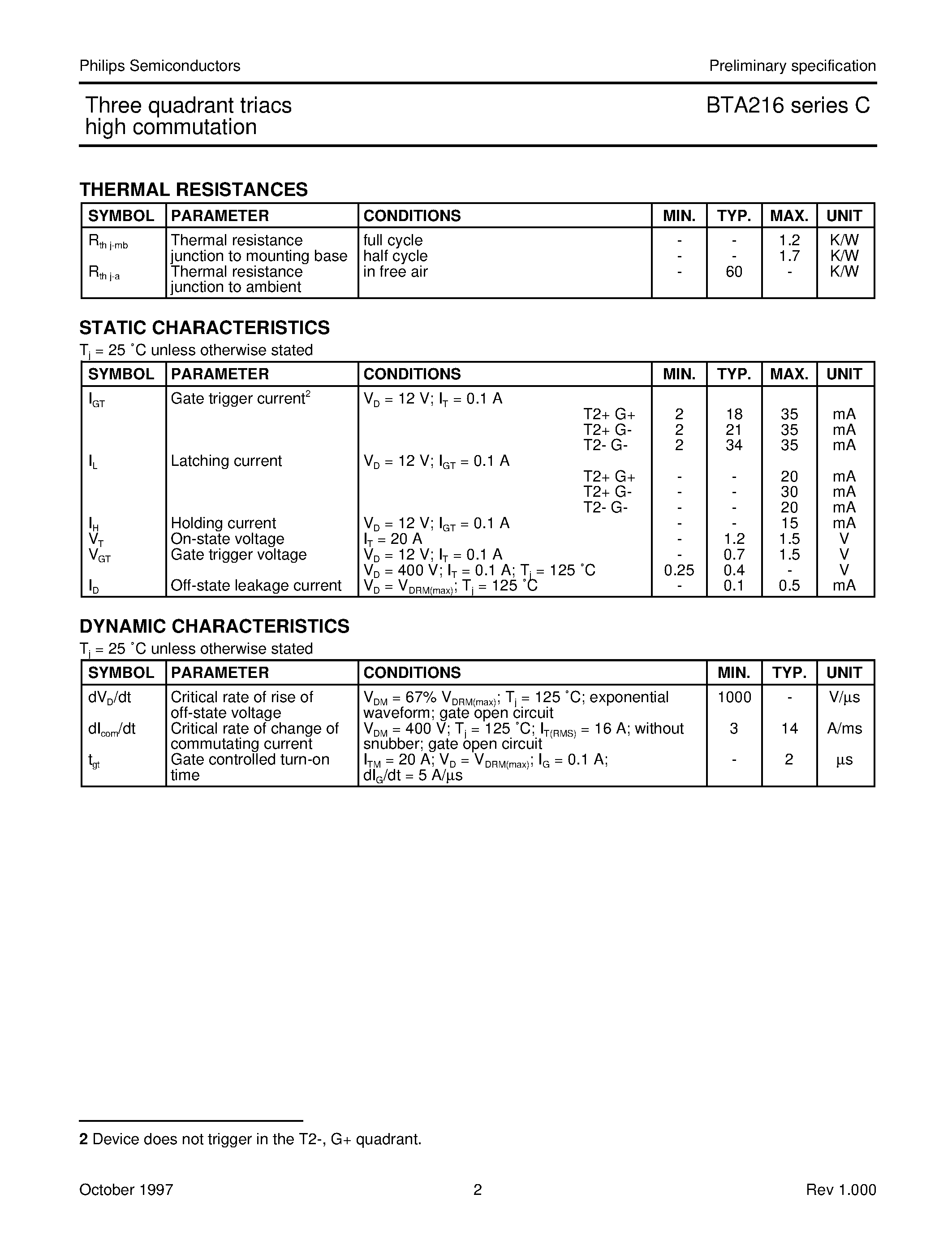 Datasheet BTA216-500C page 2 Datasheet BTA216-500C - Three quadrant triacs high commutation page 2