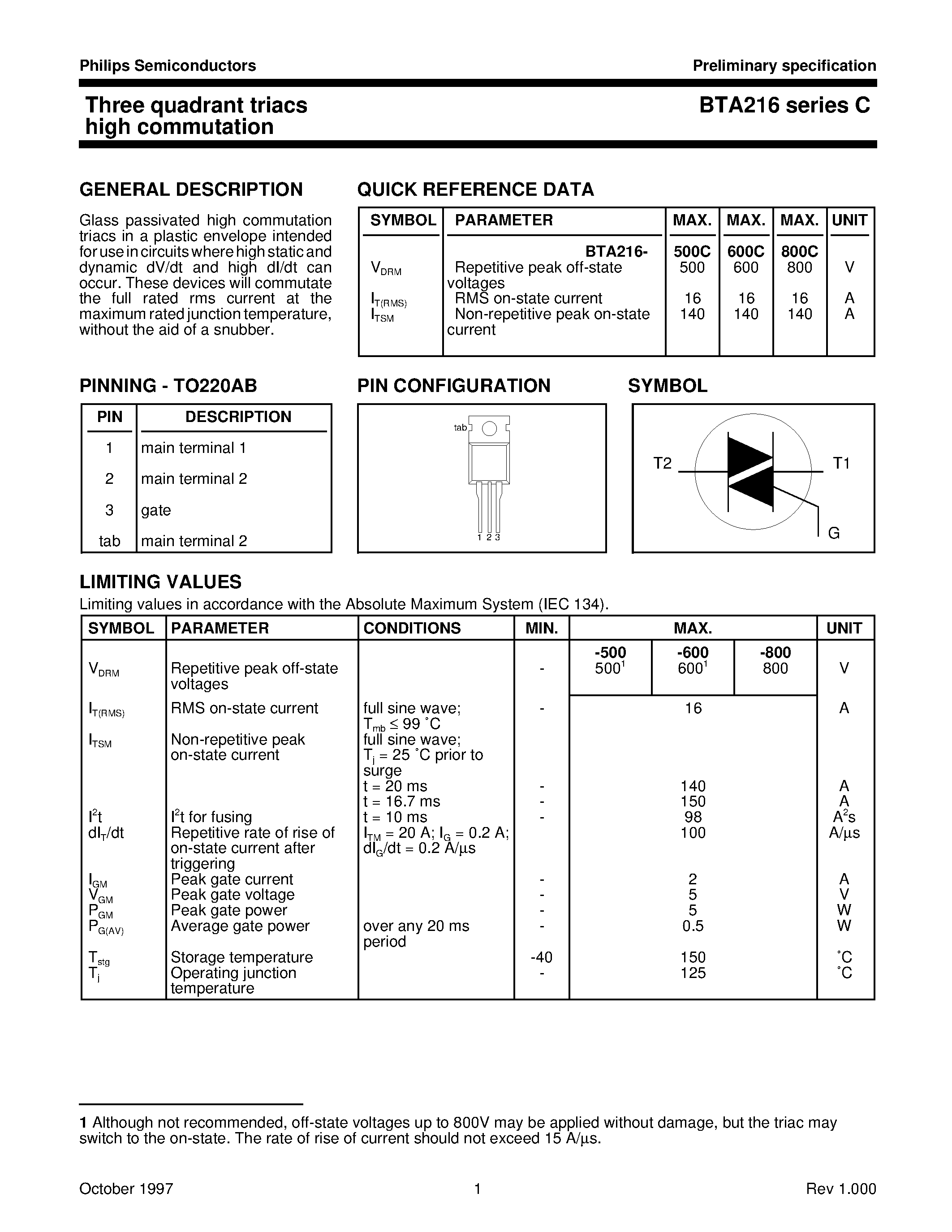 Даташит BTA216-800C - Three quadrant triacs high commutation страница 1