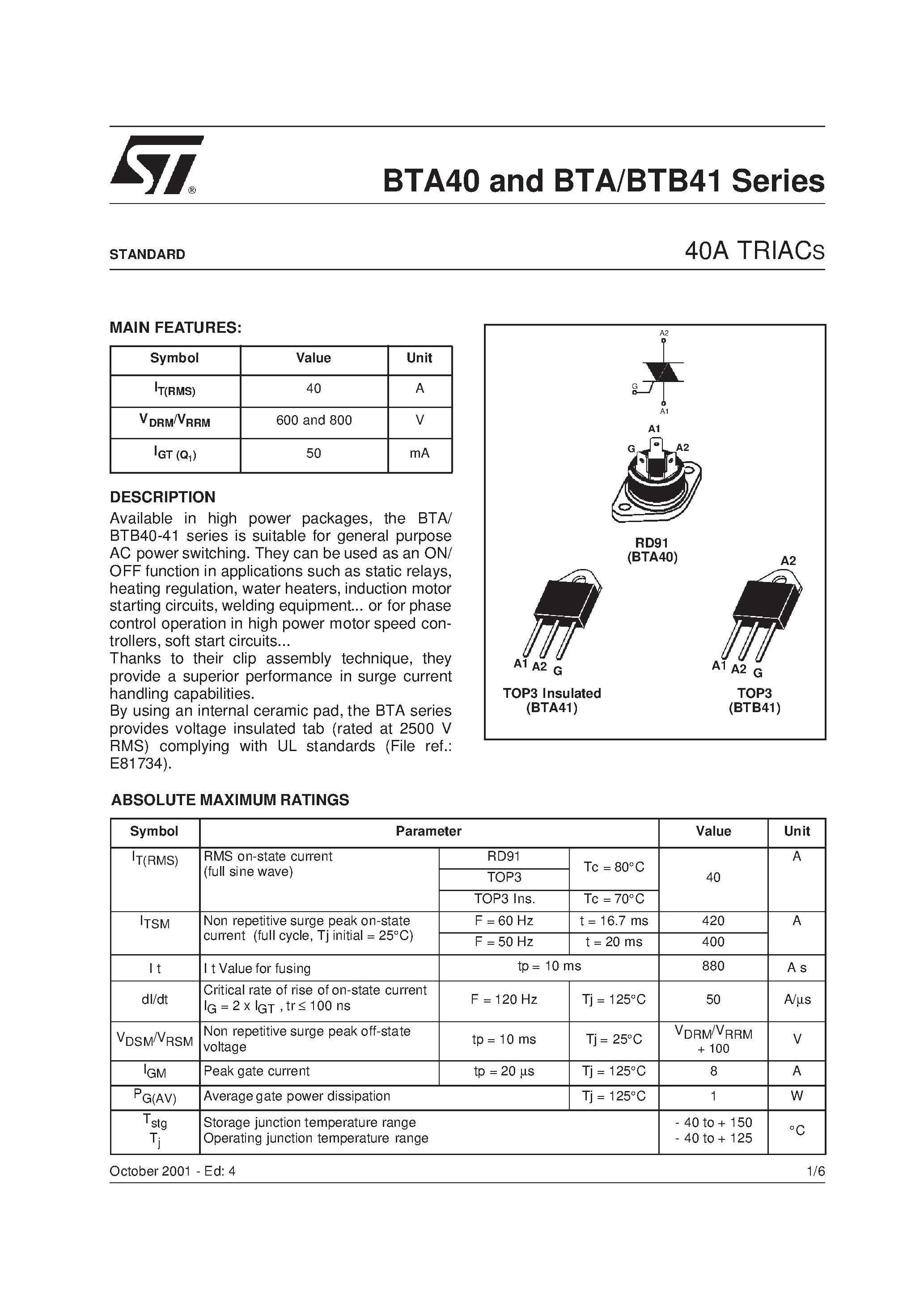 Datasheet BTA40-600 - 40A TRIACS page 1
