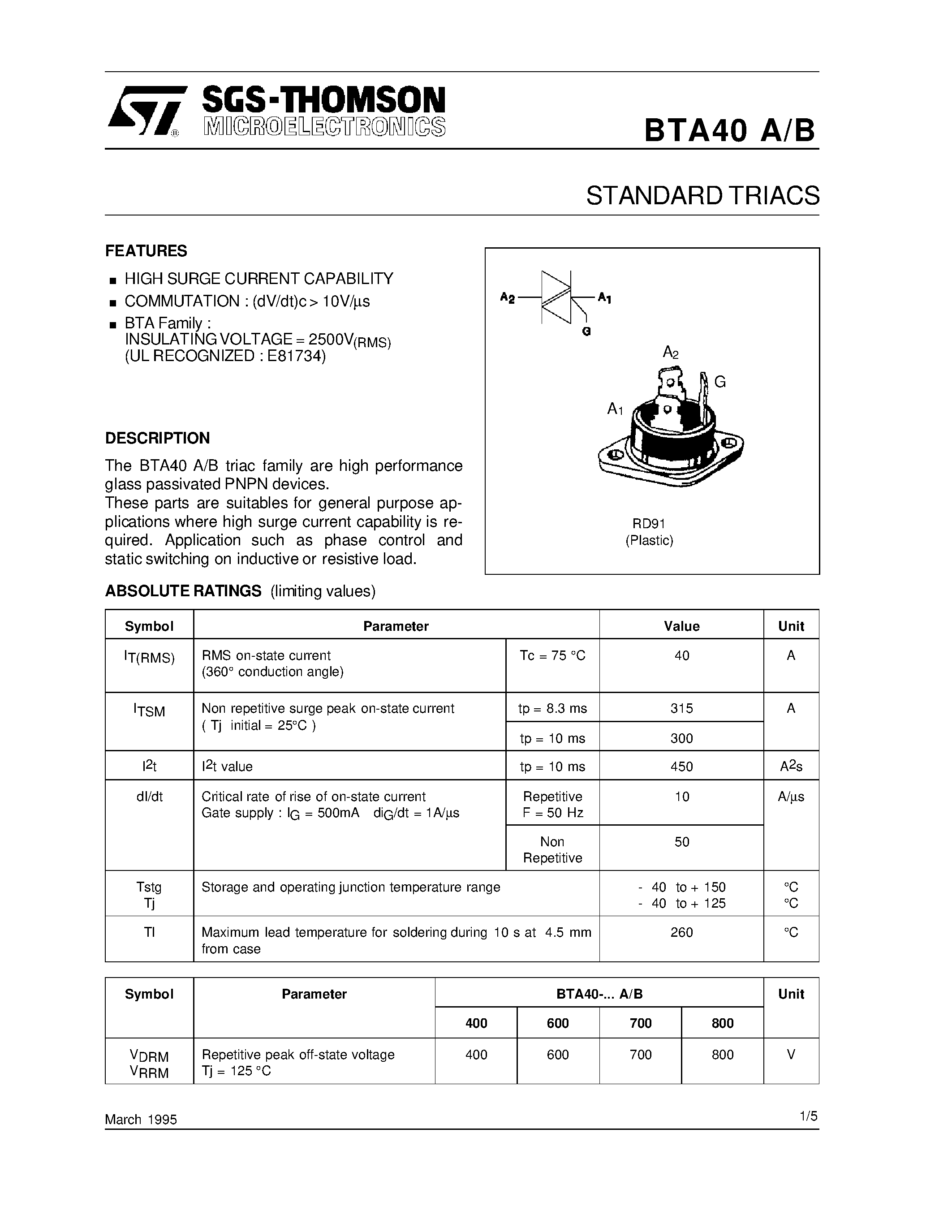 Datasheet BTA40A - STANDARD TRIACS page 1