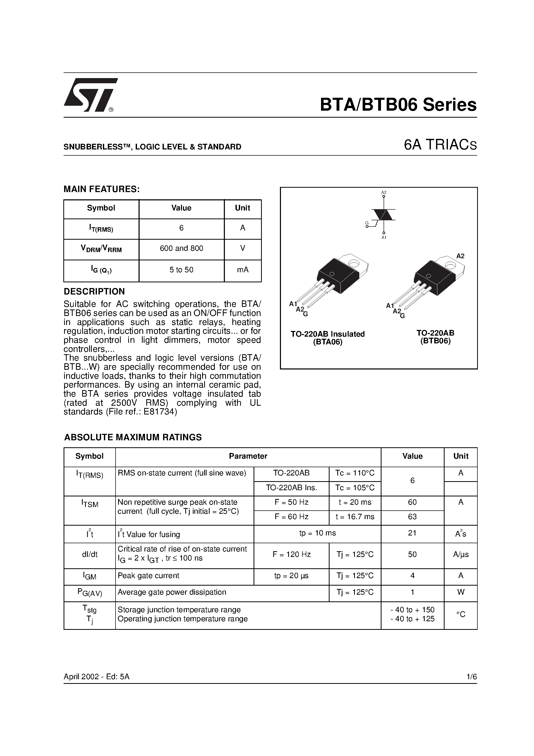 Datasheet BTB06-800SWRG - SNUBBERLESS/ LOGIC LEVEL & STANDARD page 1