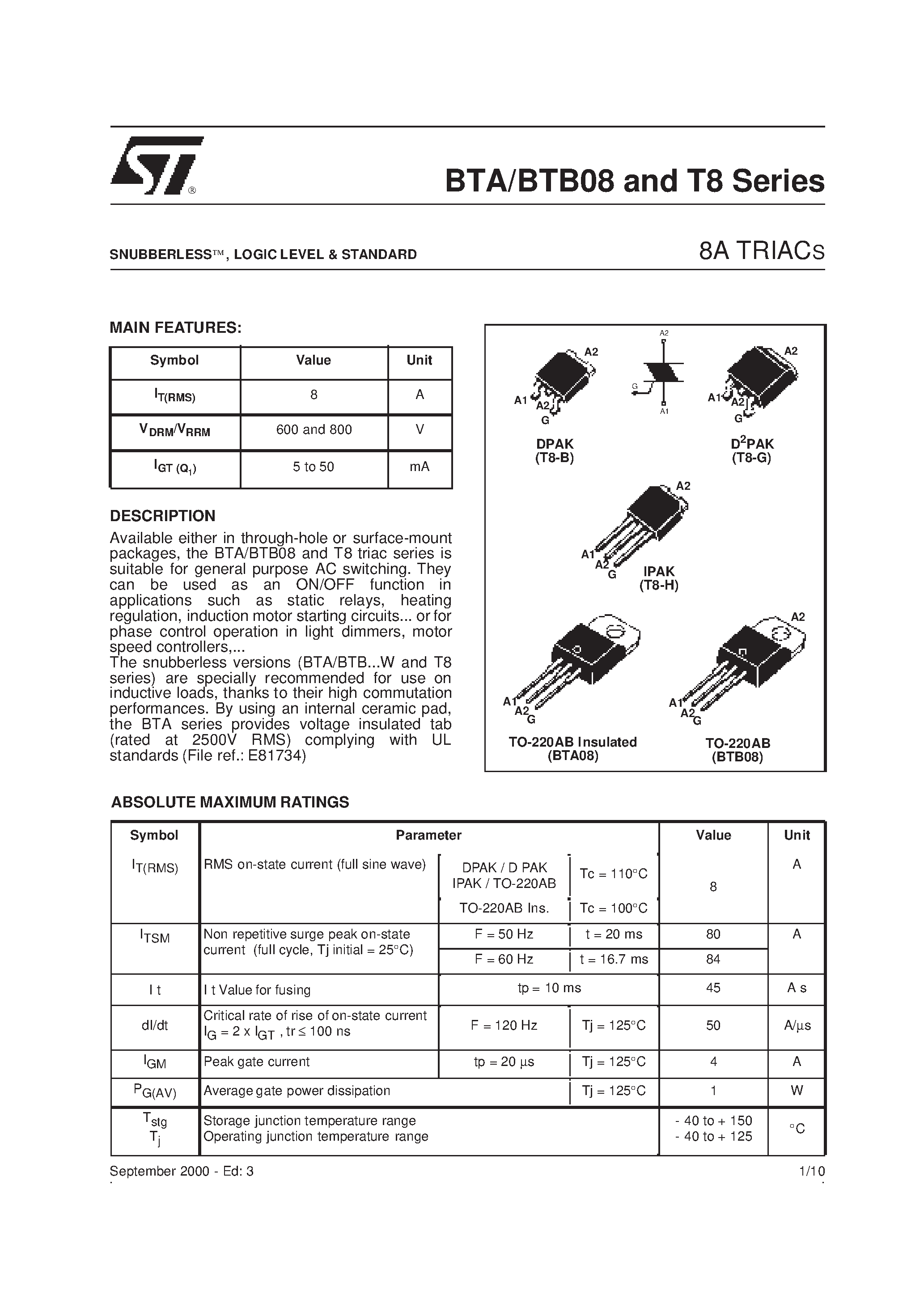 Datasheet BTB08-600C - 8A TRIACS page 1