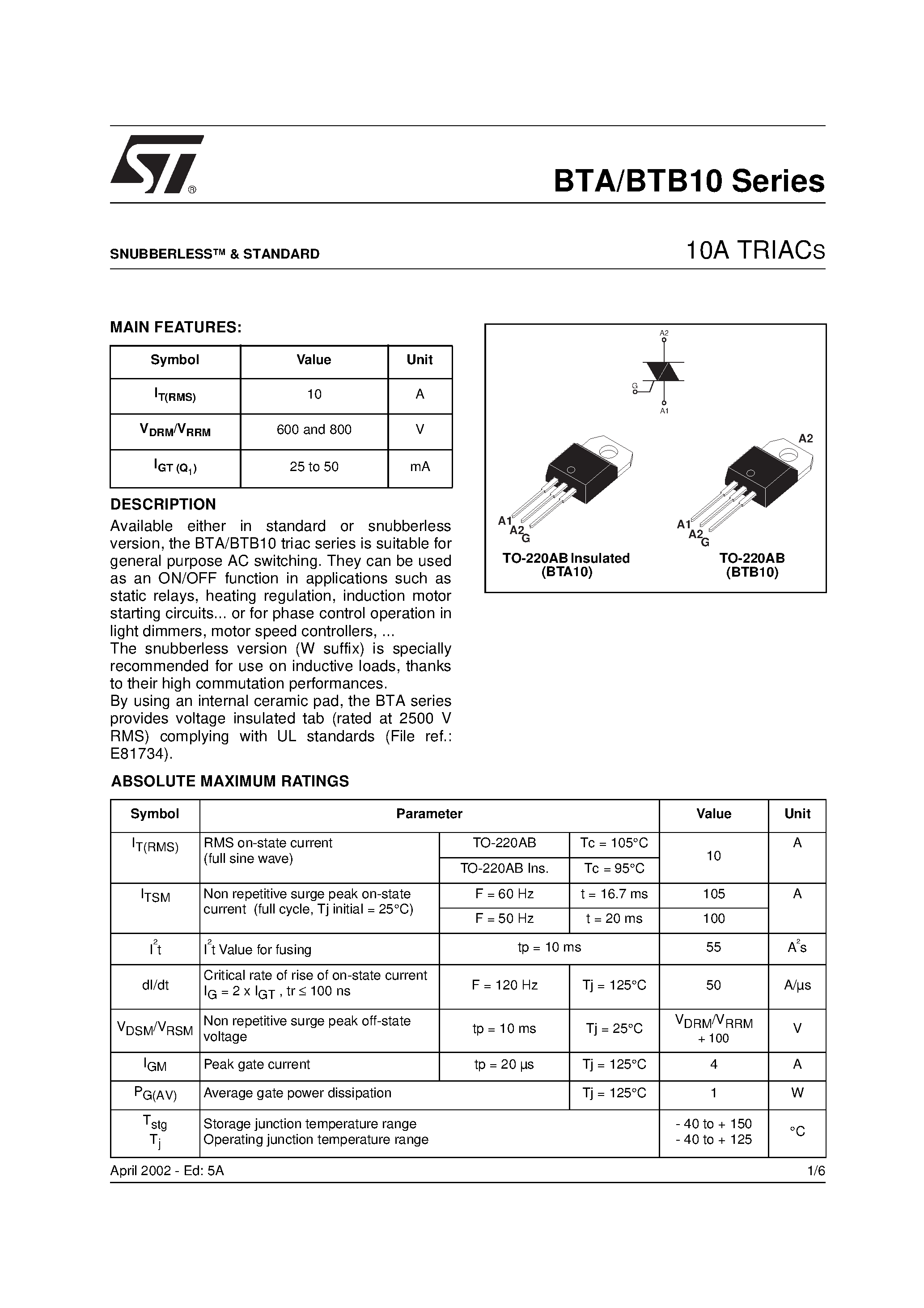 Даташит BTB10-600BW - 10A TRIACS страница 1