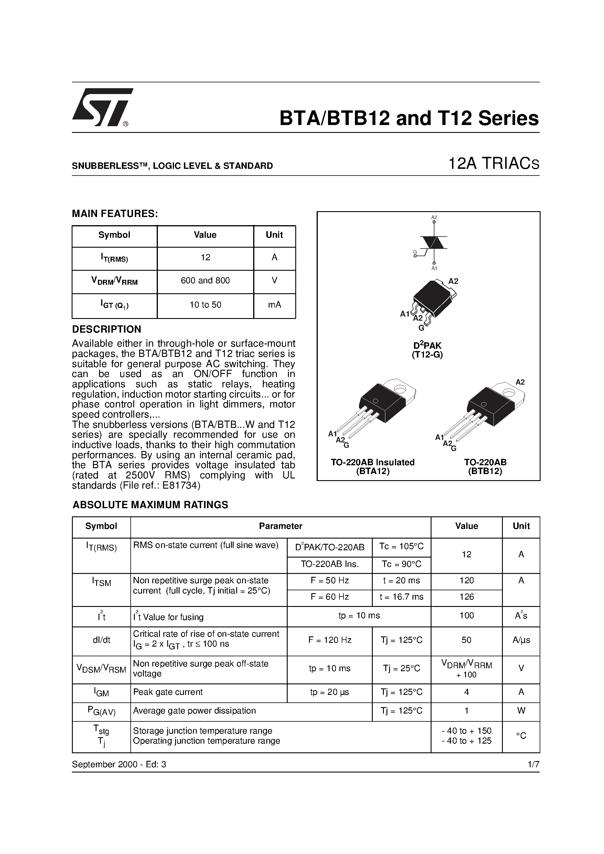 Datasheet BTB12-600B page 1 Datasheet BTB12-600B - 12A TRIACS page 1