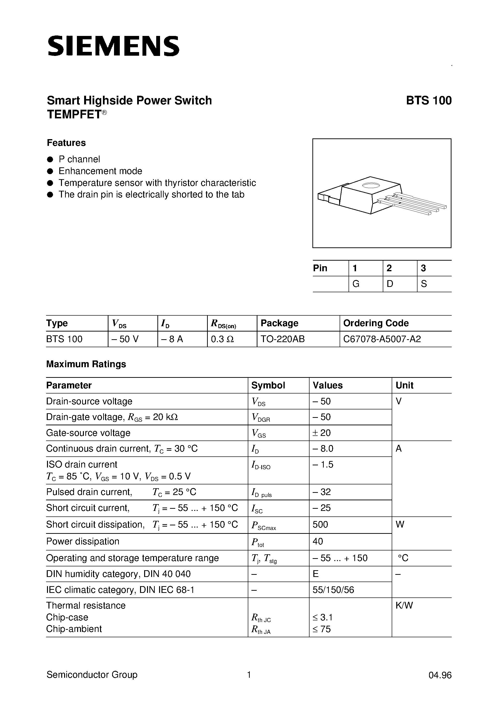 Datasheet BTS100 - Smart Highside Power Switch TEMPFET (P channel Enhancement mode Temperature sensor with thyristor characteristic) page 1