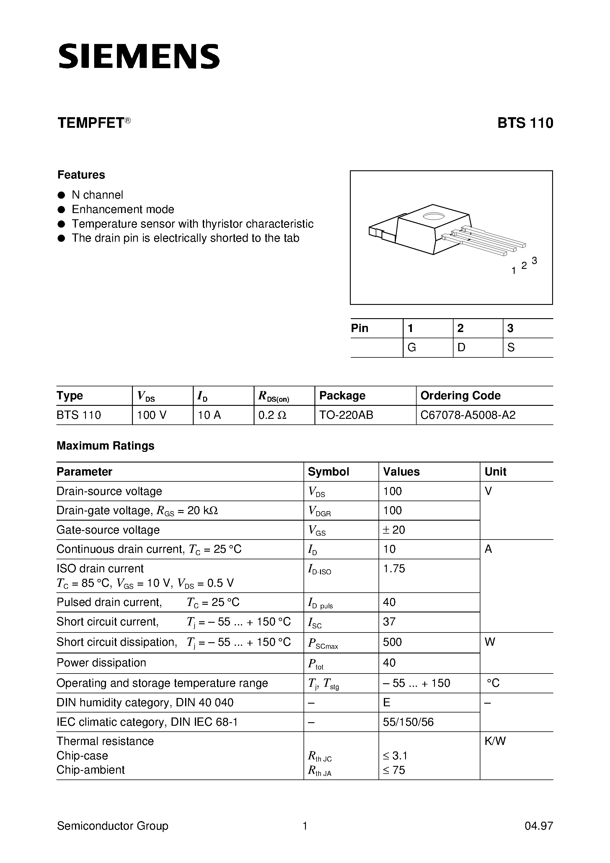 Datasheet BTS110 - TEMPFET (N channel Enhancement mode Temperature sensor with thyristor characteristic) page 1