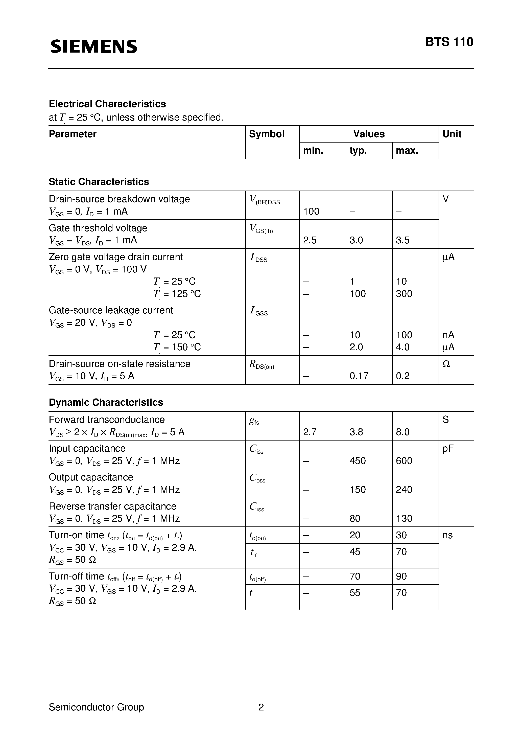 Datasheet BTS110 - TEMPFET (N channel Enhancement mode Temperature sensor with thyristor characteristic) page 2